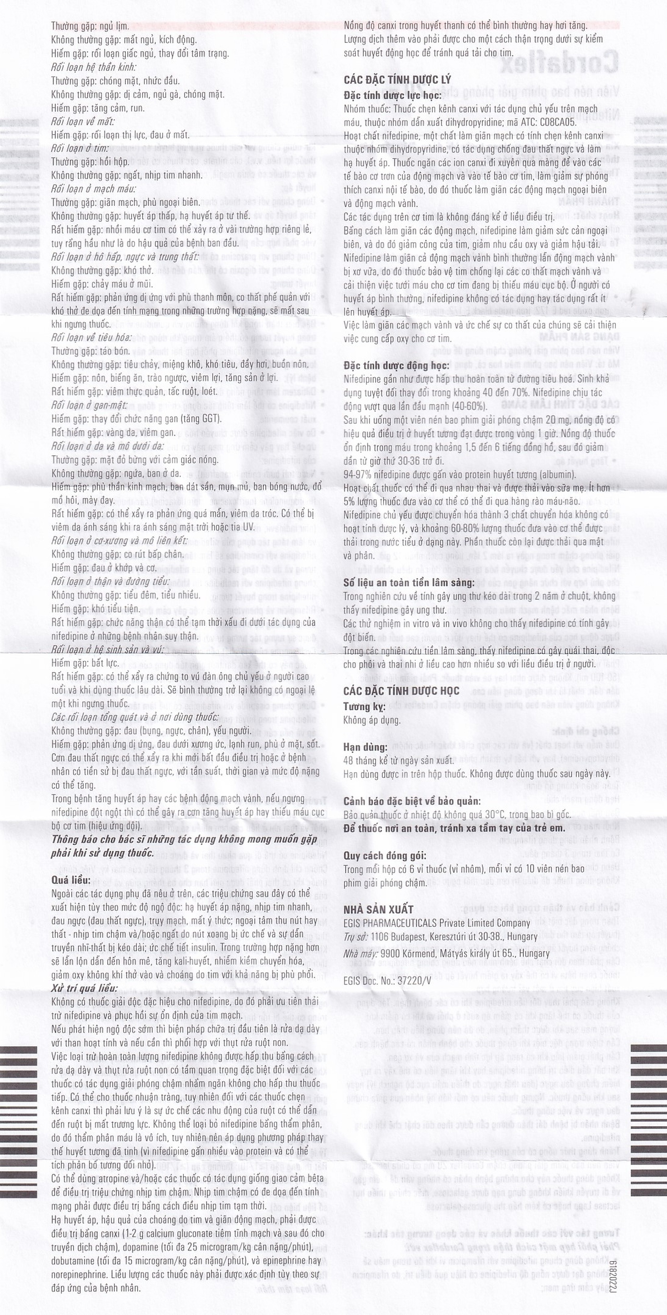 Thuốc Cordaflex 20mg Egis Pharma phòng ngừa chứng đau thắt ngực, tăng huyết áp (6 vỉ x 10 viên)