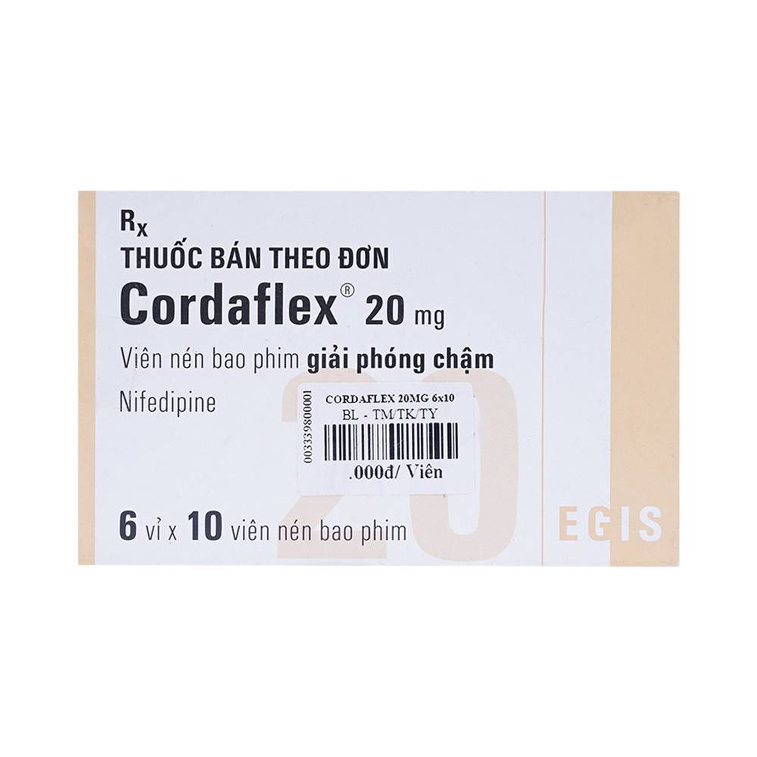 Thuốc Cordaflex 20mg Egis Pharma phòng ngừa chứng đau thắt ngực, tăng huyết áp (6 vỉ x 10 viên)
