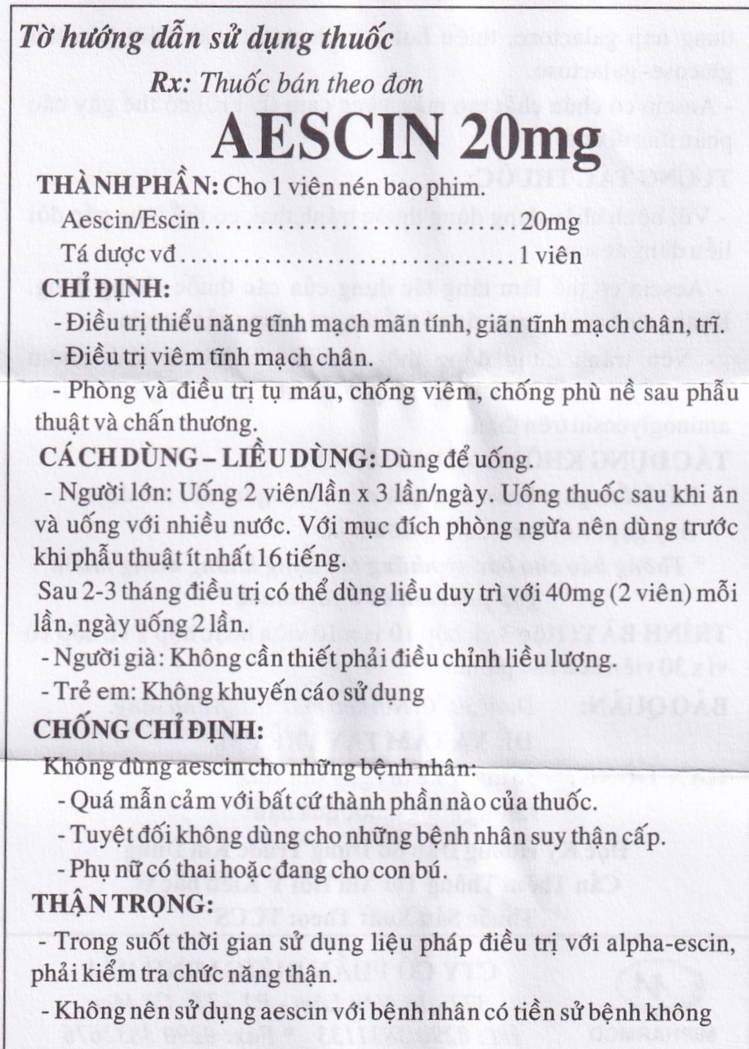 Thuốc Aescin 20mg điều trị thiểu năng tĩnh mạch mãn tính, giãn tĩnh mạch chân, trĩ (3 vỉ x 30 viên)