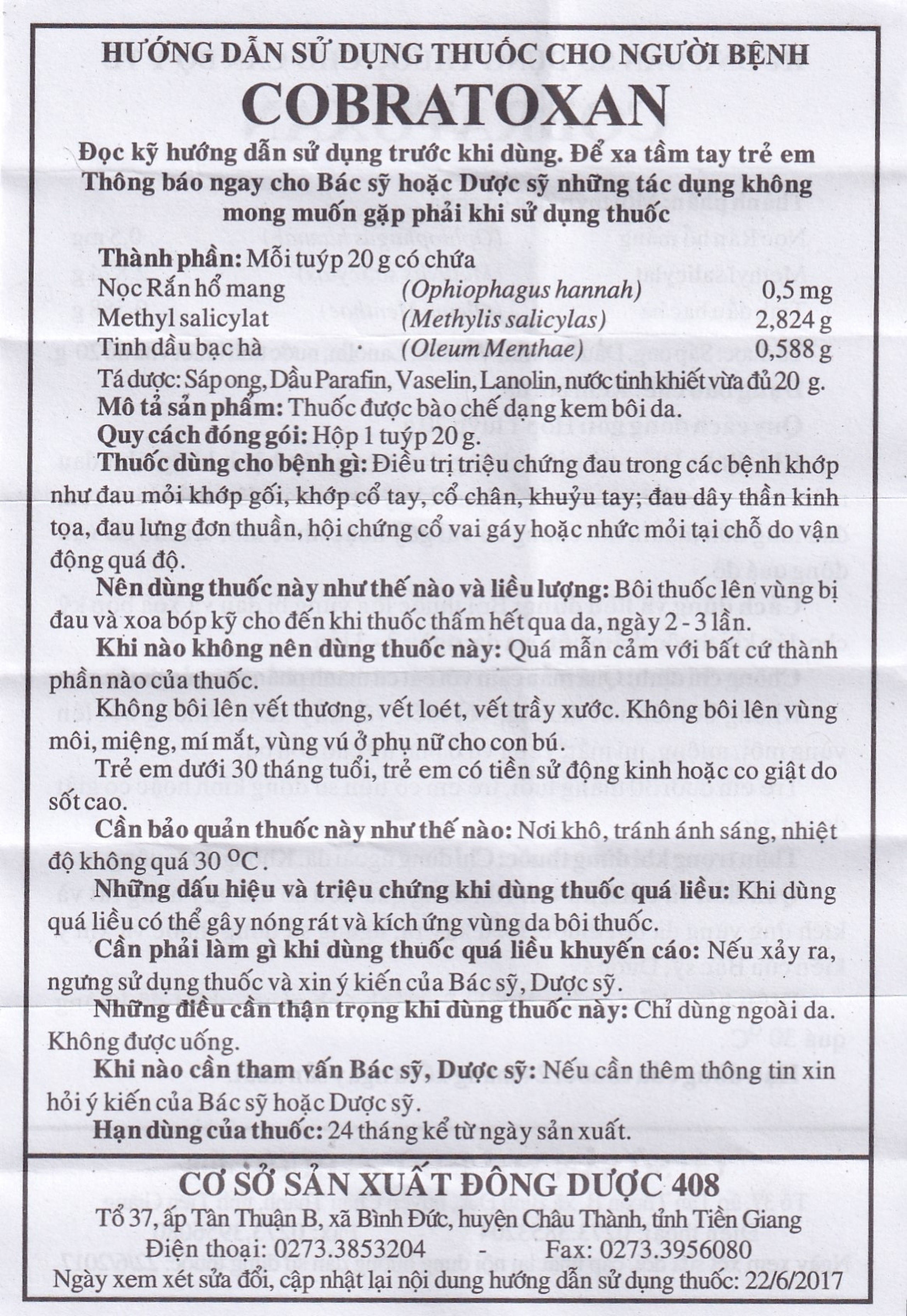 Kem xoa nọc rắn Cobratoxan 20g Đông Dược 408 tác dụng điều trị đau xương khớp (10 tuýp)