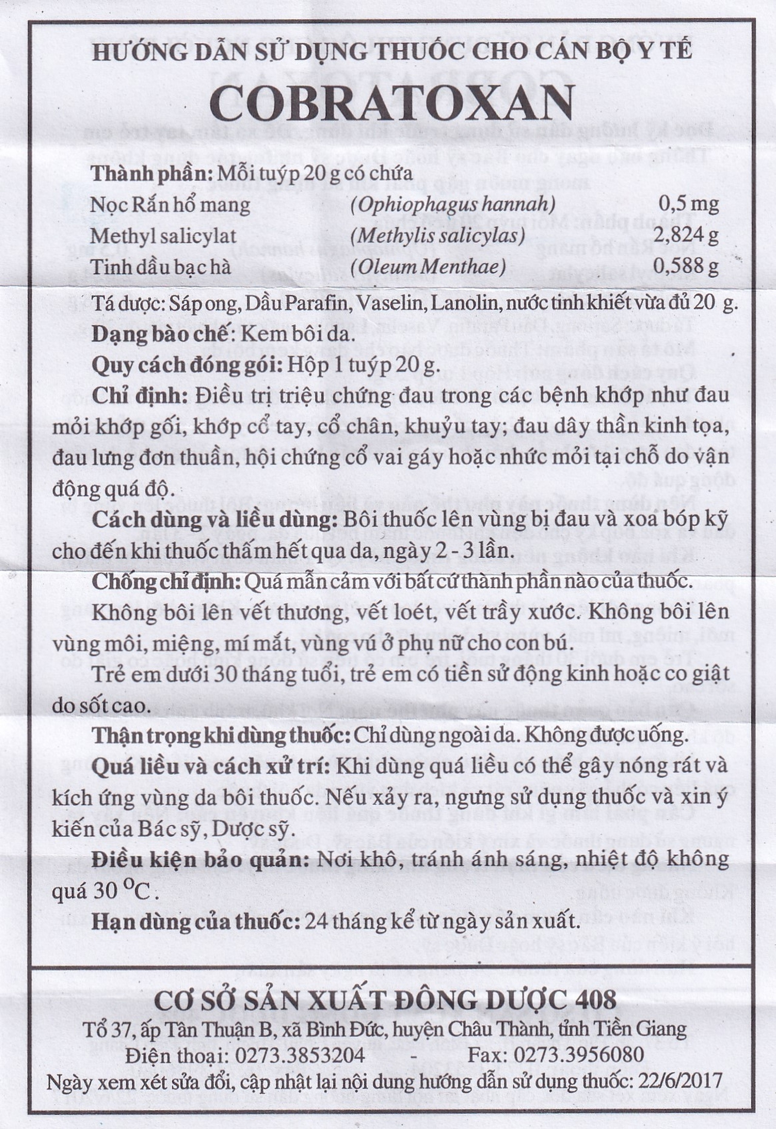 Kem xoa nọc rắn Cobratoxan 20g Đông Dược 408 tác dụng điều trị đau xương khớp (10 tuýp)