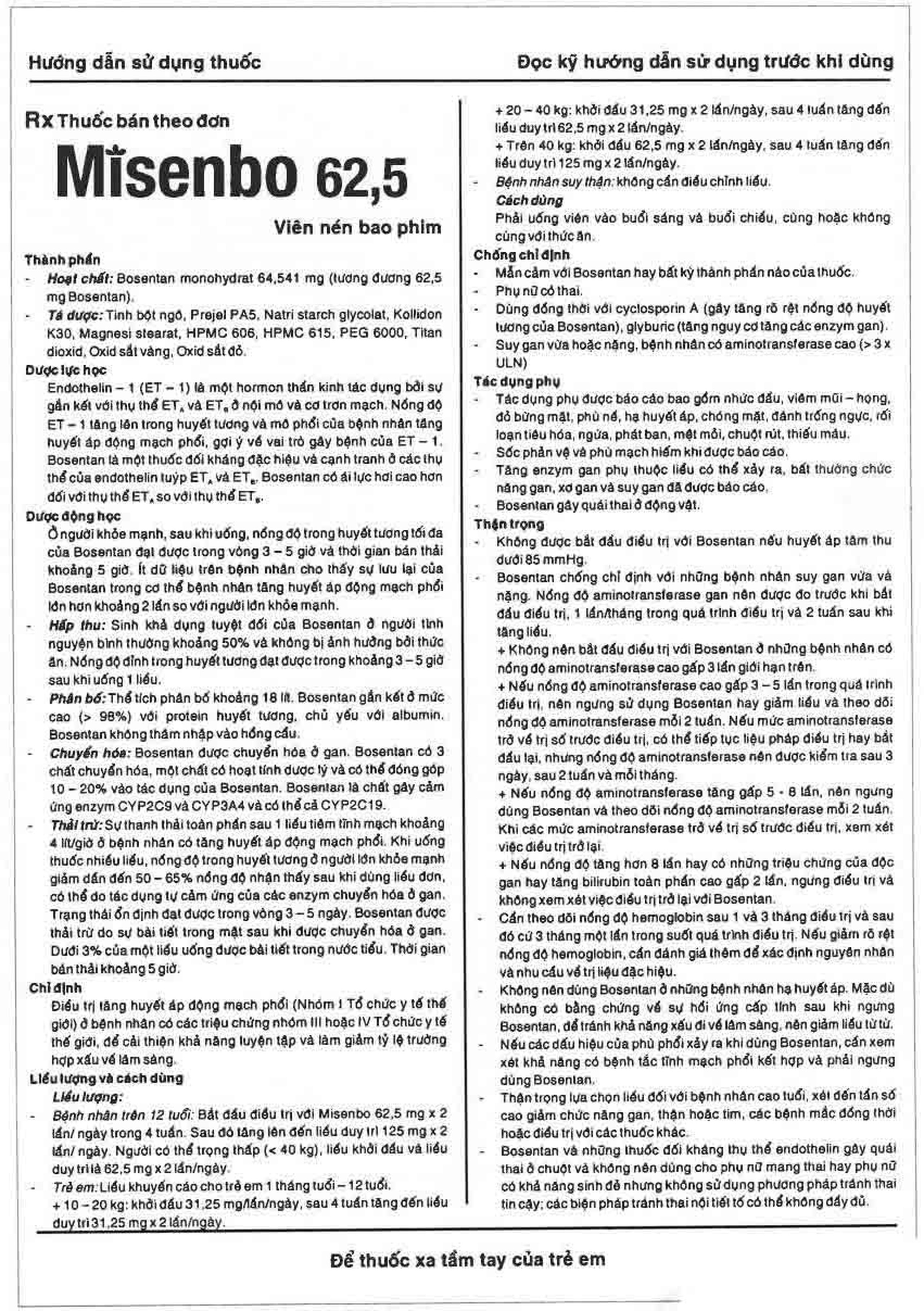 Viên nén Misenbo 62,5 Hasan điều trị tăng huyết áp động mạch phổi (3 vỉ x 10 viên)