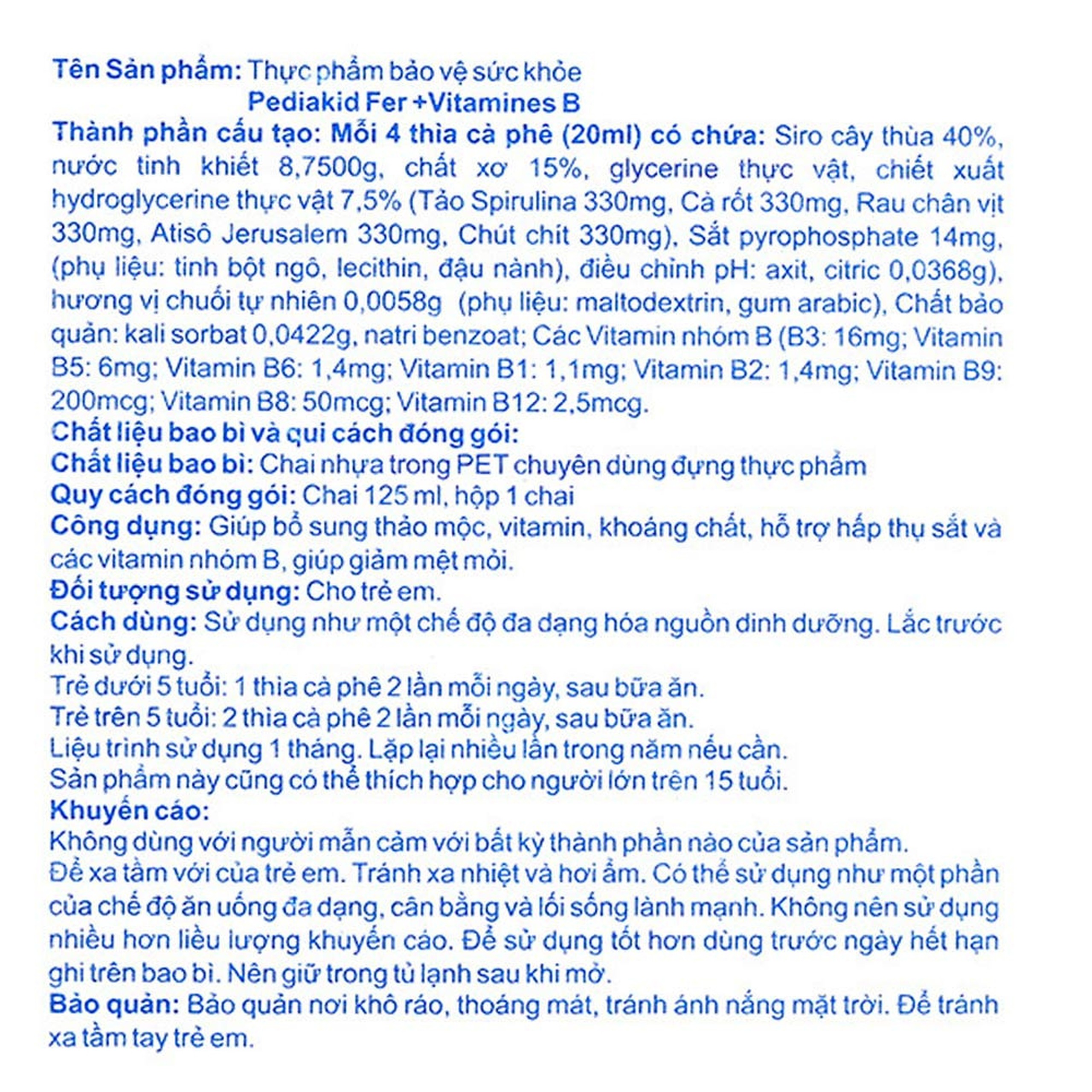 Siro Pediakid Fer + Vitamines B giúp bổ sung thảo mộc, Vitamin, khoảng chất (125ml)