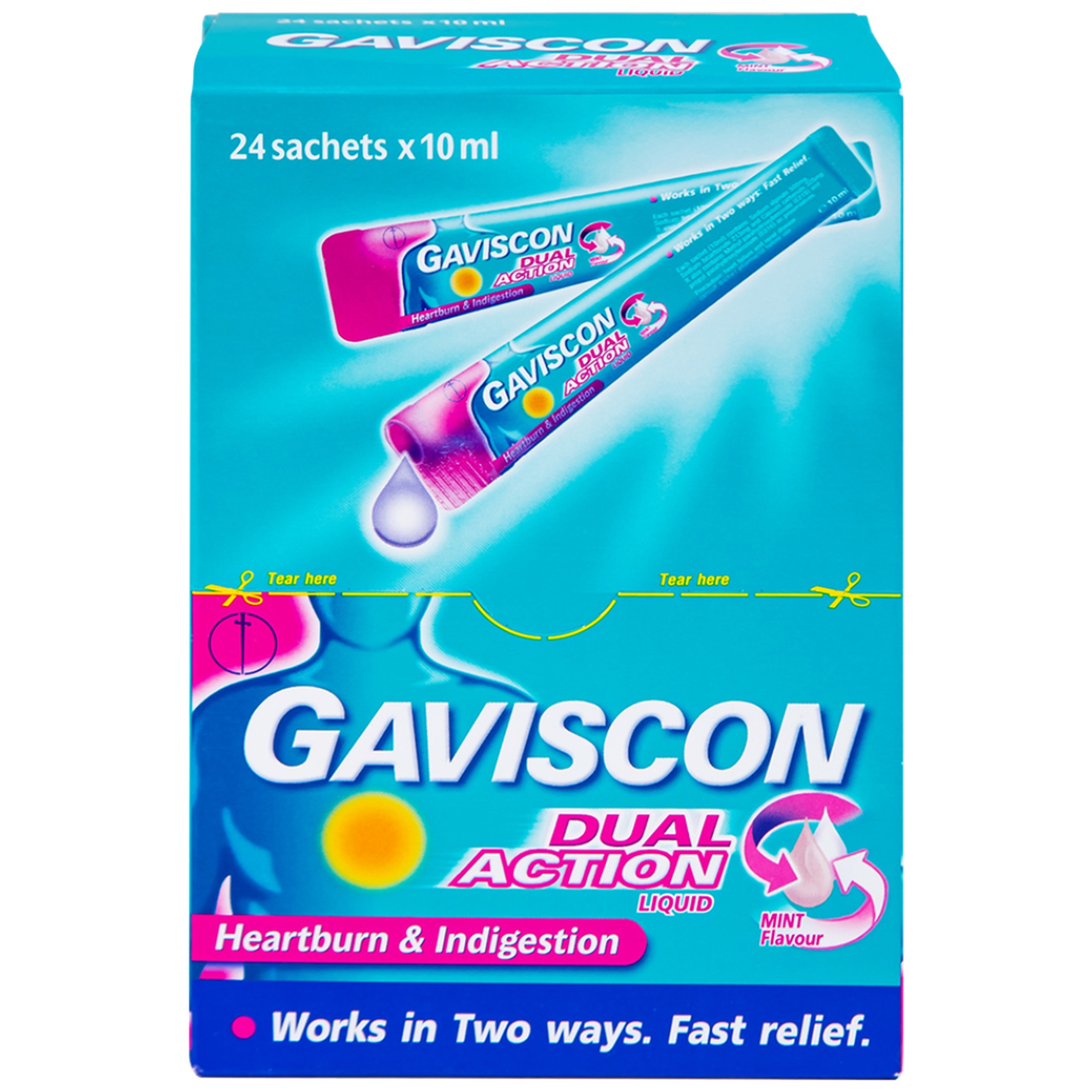Hỗn dịch Gaviscon Dual Action Reckitt Benckiser điều trị trào ngược dạ dày, thực quản (24 gói x 10ml)
