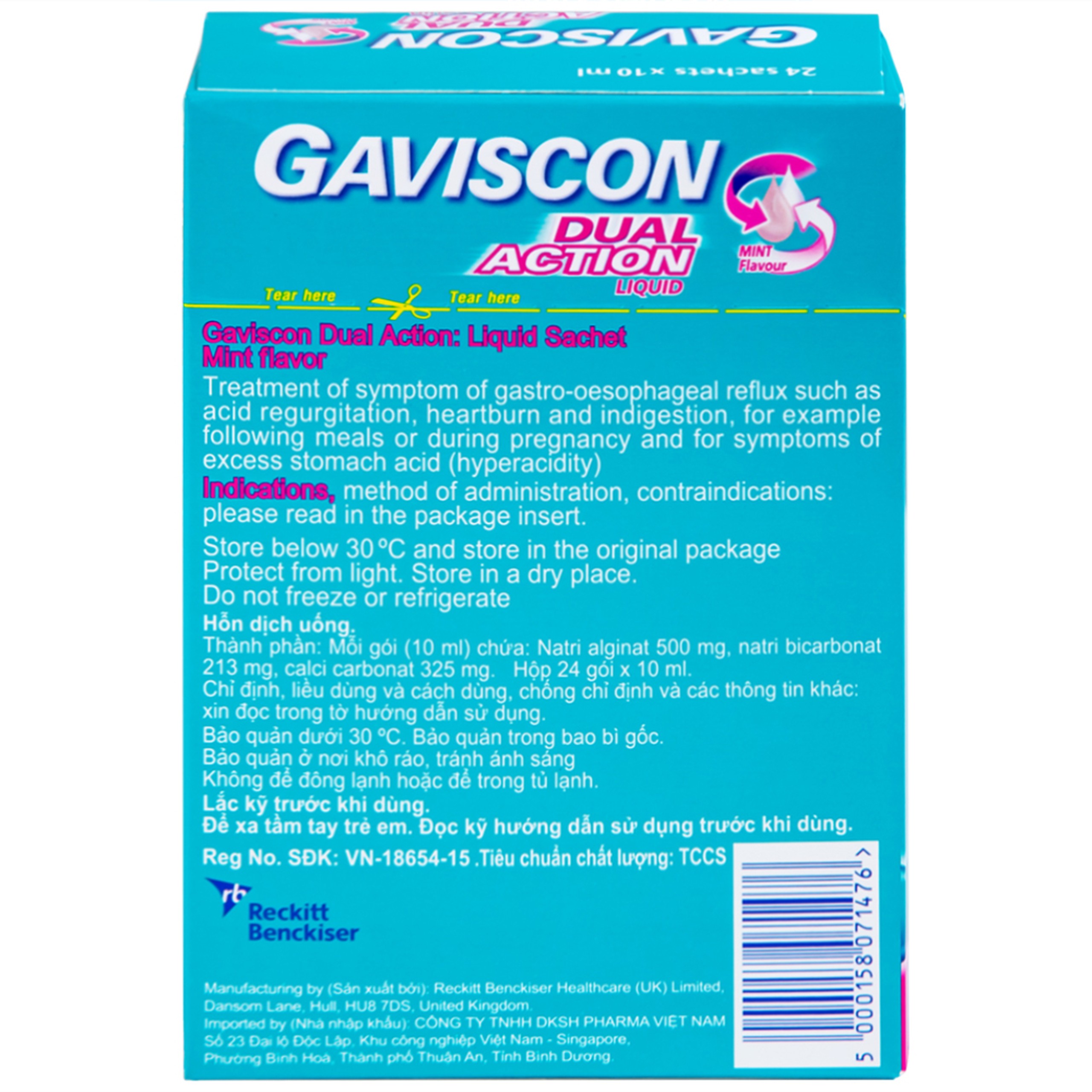Hỗn dịch Gaviscon Dual Action Reckitt Benckiser điều trị trào ngược dạ dày, thực quản (24 gói x 10ml)