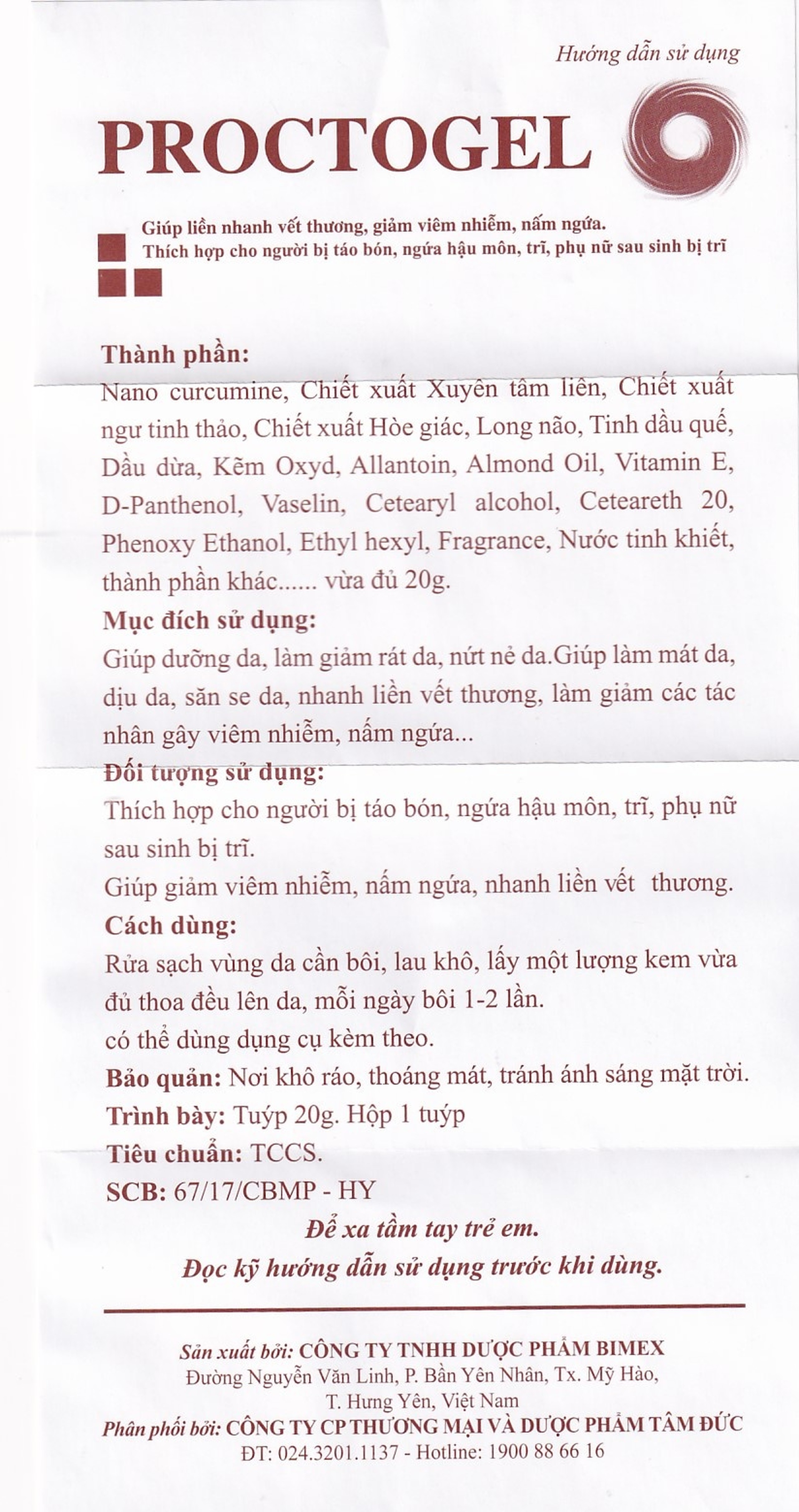 Kem bôi trĩ Proctogel Bimex giúp giảm đau, giảm viêm nhiễm, liền vết thương (20g)