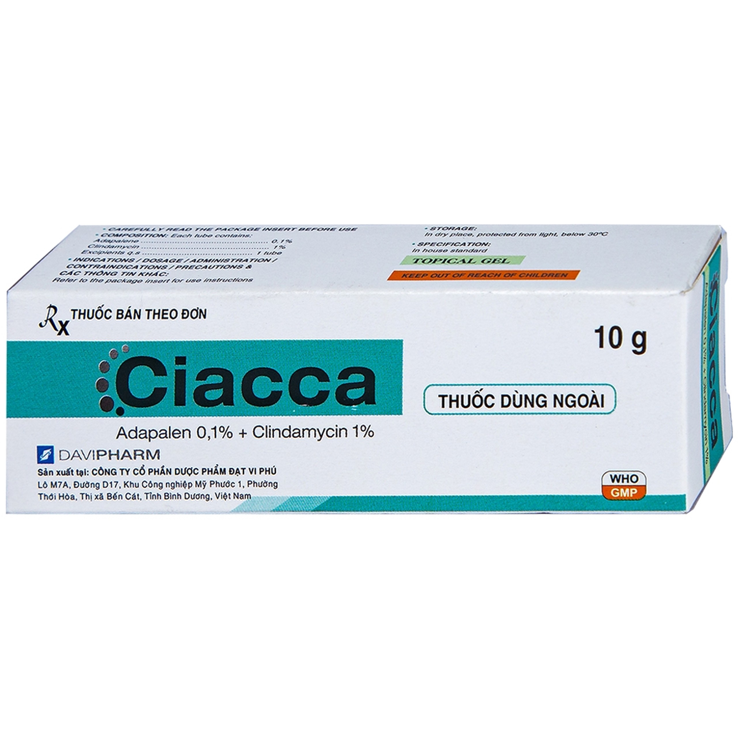 Gel bôi ngoài da Ciacca Davipharm điều trị tình trạng da bị mụn trứng cá nhẹ đến vừa (10g)