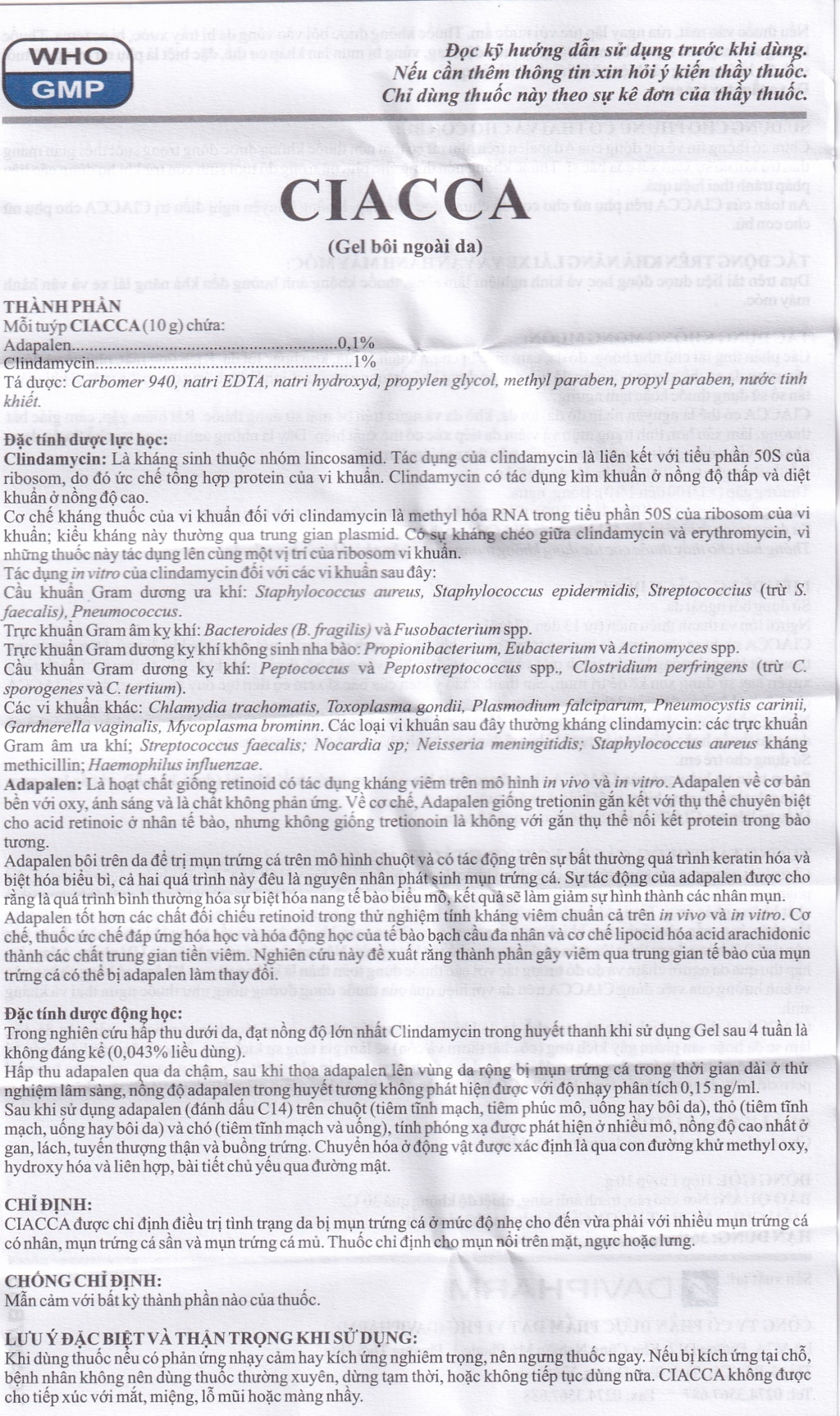 Gel bôi ngoài da Ciacca Davipharm điều trị tình trạng da bị mụn trứng cá nhẹ đến vừa (10g)