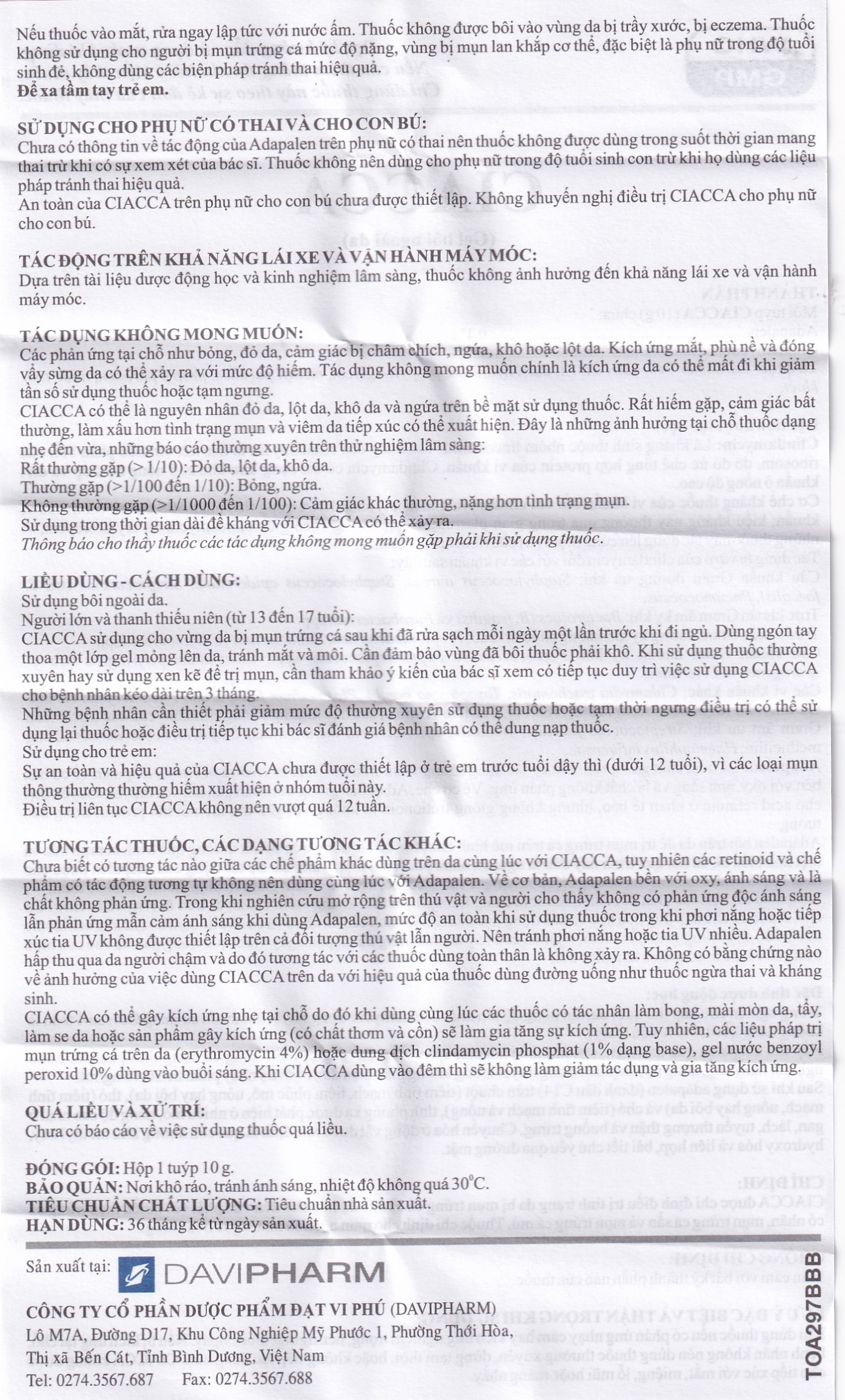 Gel bôi ngoài da Ciacca Davipharm điều trị tình trạng da bị mụn trứng cá nhẹ đến vừa (10g)