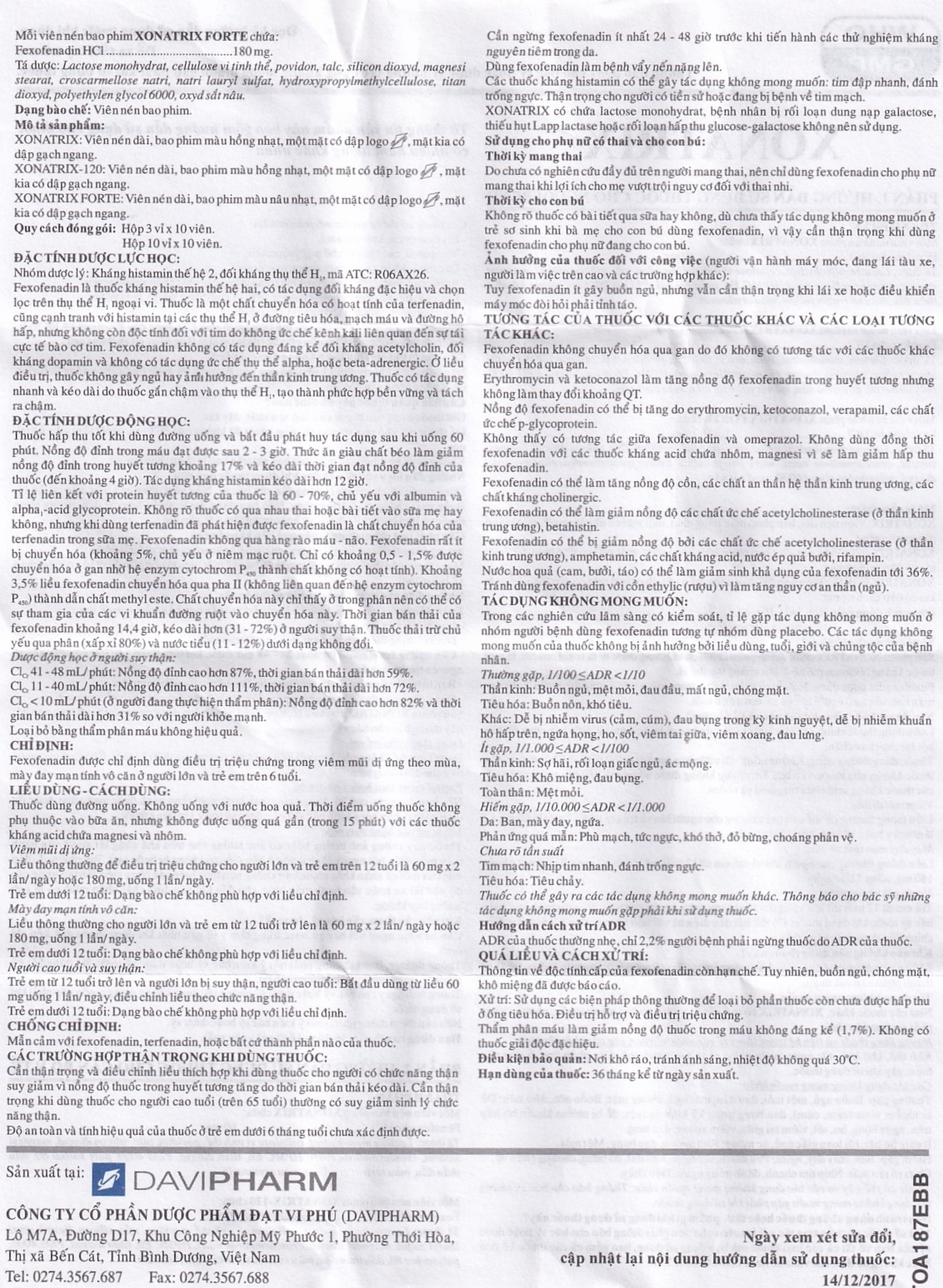 Thuốc Xonatrix-120 DaviPharm điều trị triệu chứng viêm mũi dị ứng theo mùa (3 vỉ x 10 viên)