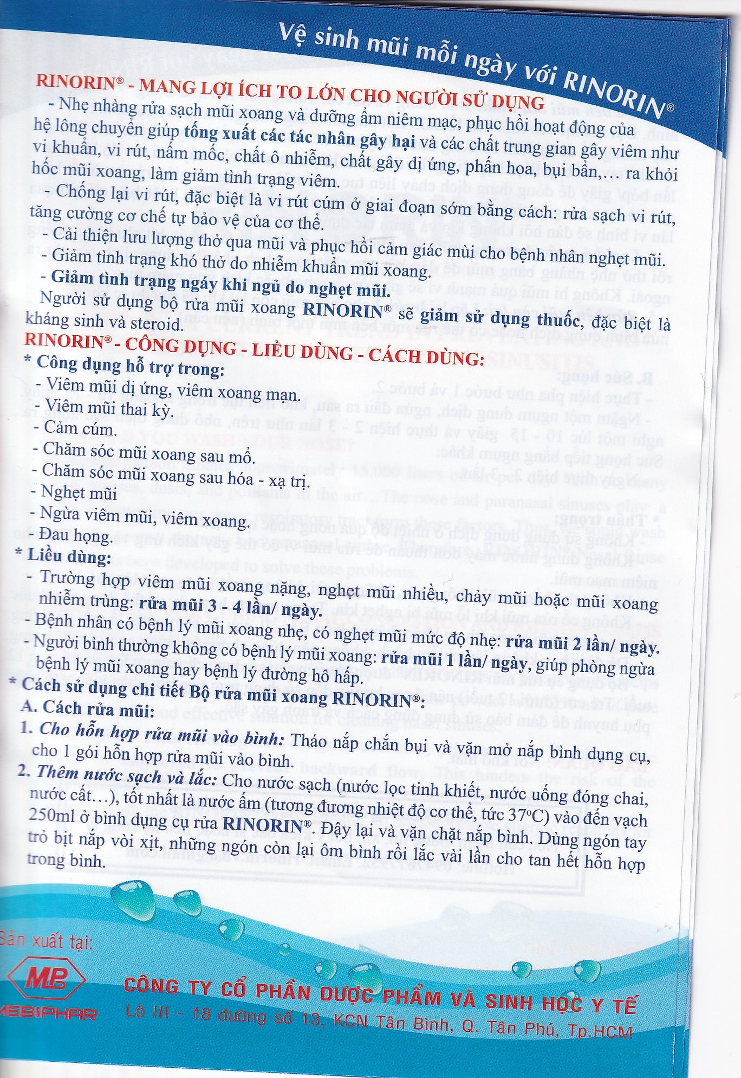 Bộ rửa mũi Rinorin (1 bình x 30 gói) chăm sóc và bảo vệ mũi xoang, viêm mũi dị ứng