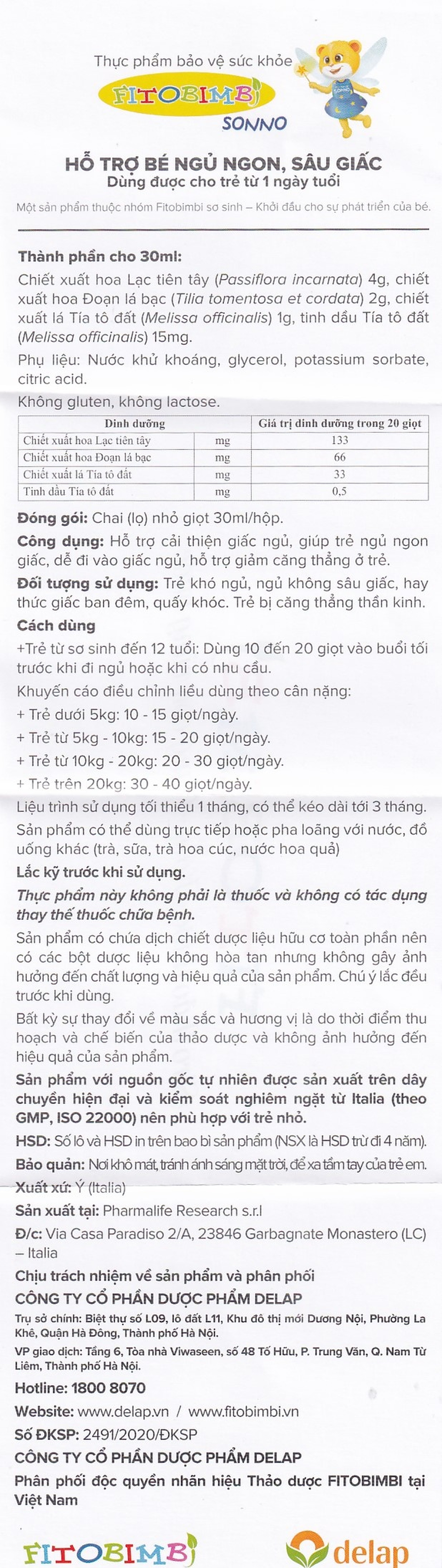 Siro giúp trẻ ngủ ngon Fitobimbi Sonno (30ml)