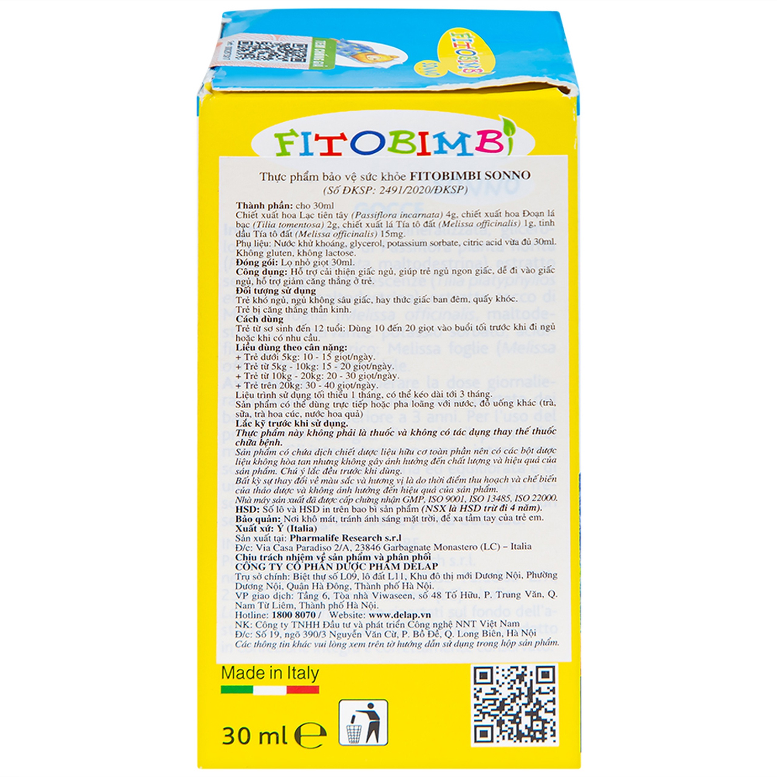 Siro giúp trẻ ngủ ngon Fitobimbi Sonno (30ml)