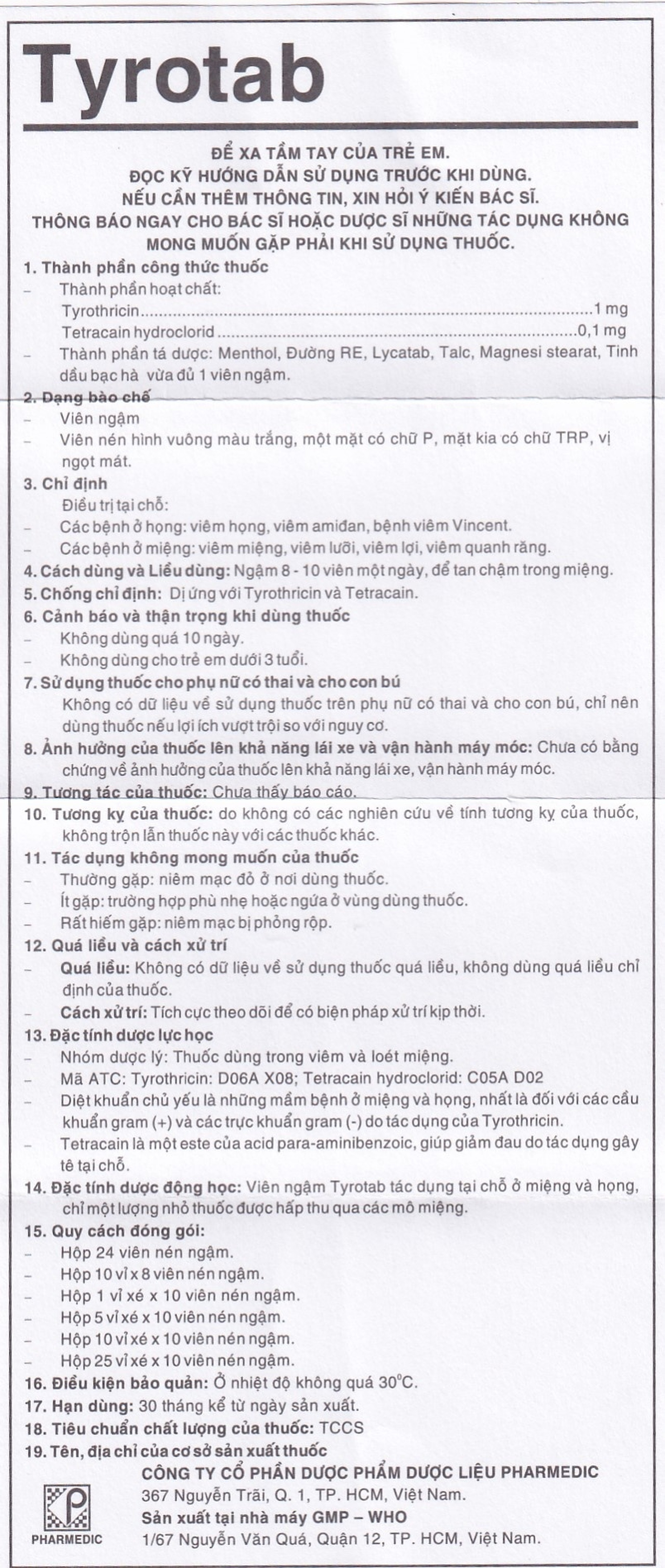 Viên ngậm sát trùng Tyrotab Pharmedic điều trị viêm họng, viêm amidan (10 vỉ x 8 viên)