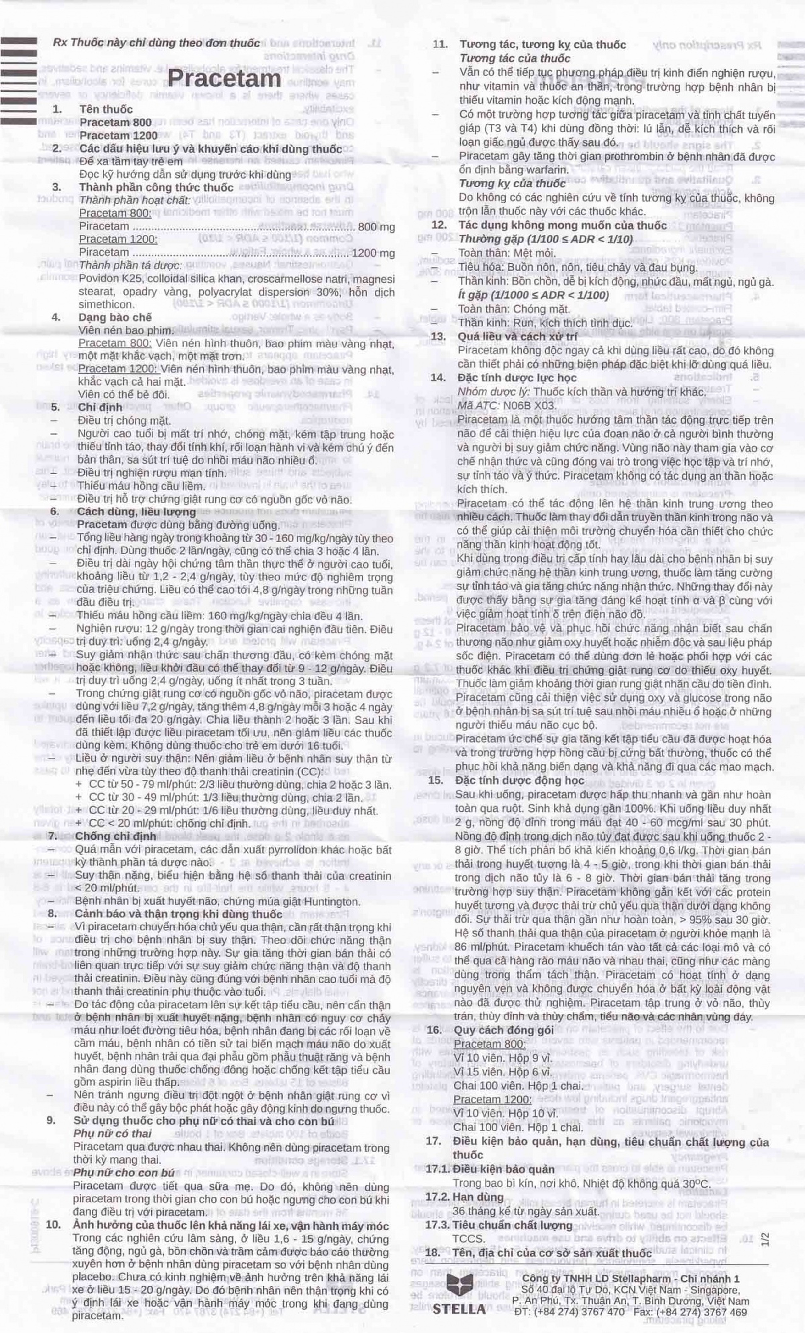 Viên nén Pracetam 800 Stella điều trị chóng mặt, suy giảm trí nhớ (6 vỉ x 15 viên)