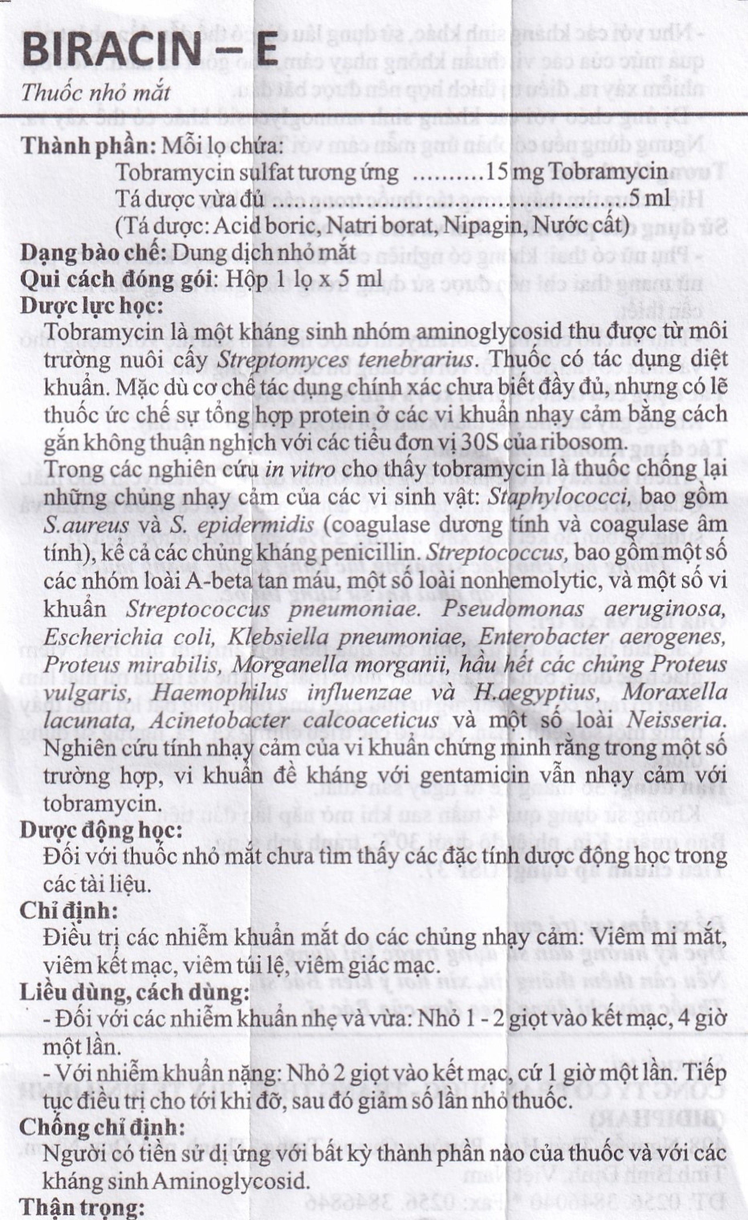 Thuốc nhỏ mắt Biracin-E Bidiphar điều trị các nhiễm khuẩn mắt do các chủng nhạy cảm (5ml)