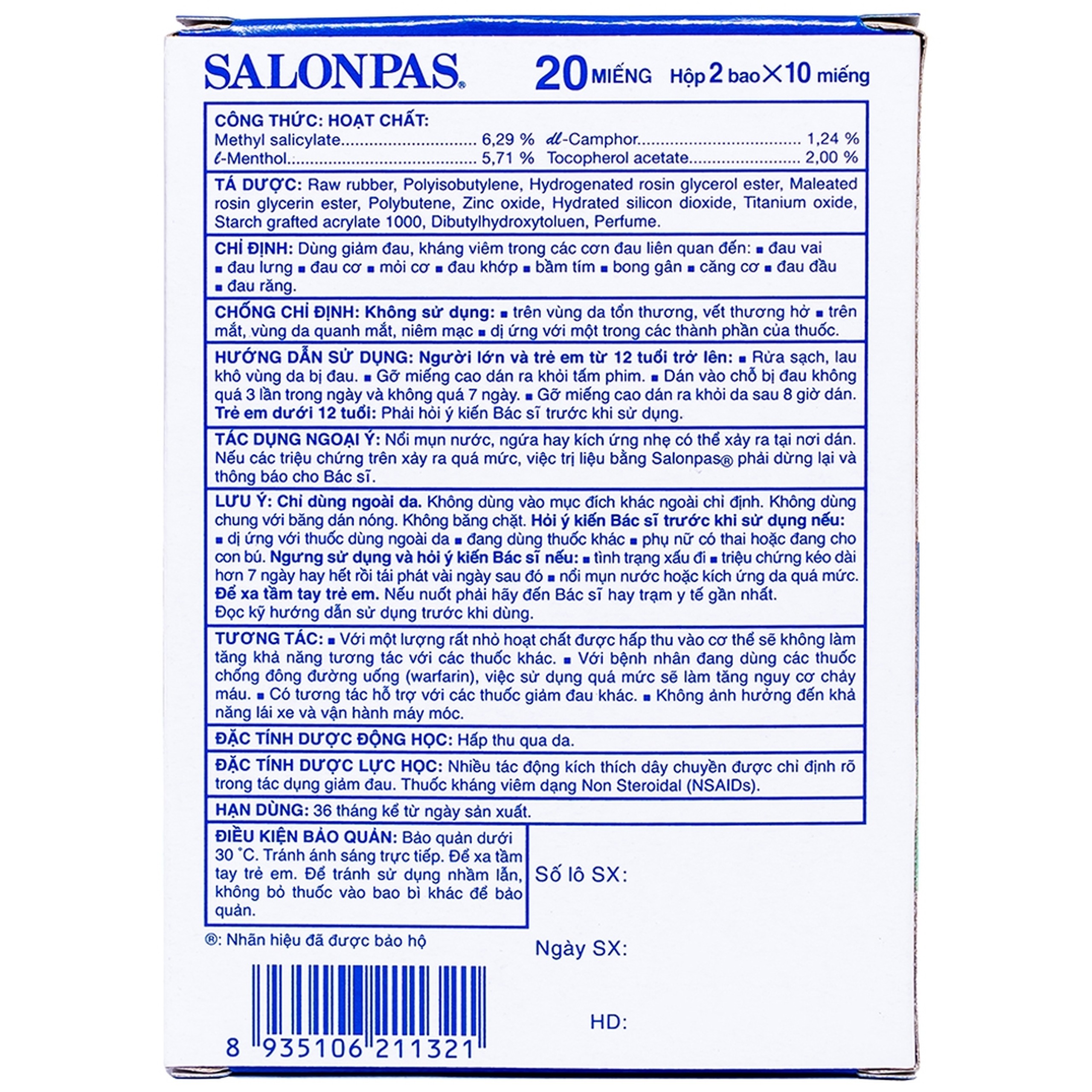 Cao dán Salonpas Hisamitsu giảm đau vai, đau lưng, đau cơ (2 gói x 10 miếng)