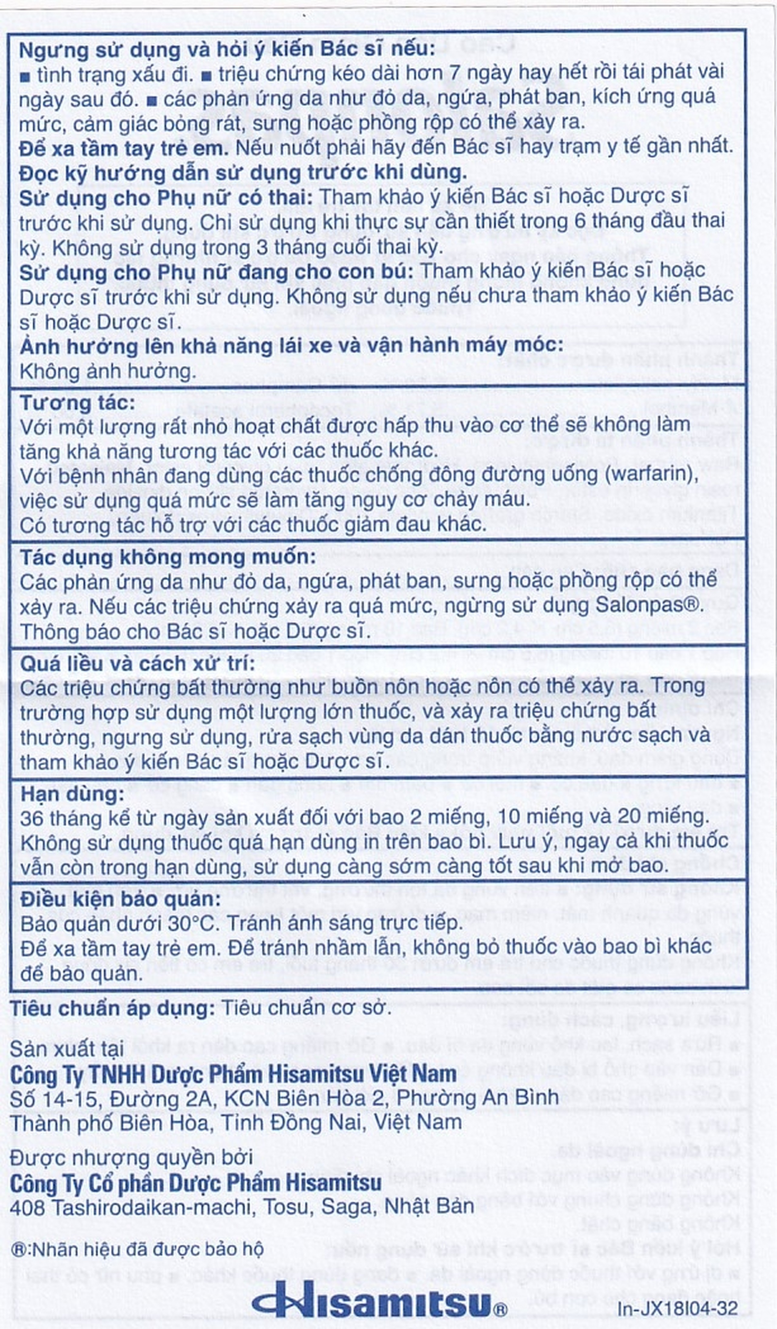 Cao dán Salonpas Hisamitsu giảm đau vai, đau lưng, đau cơ (2 gói x 10 miếng)