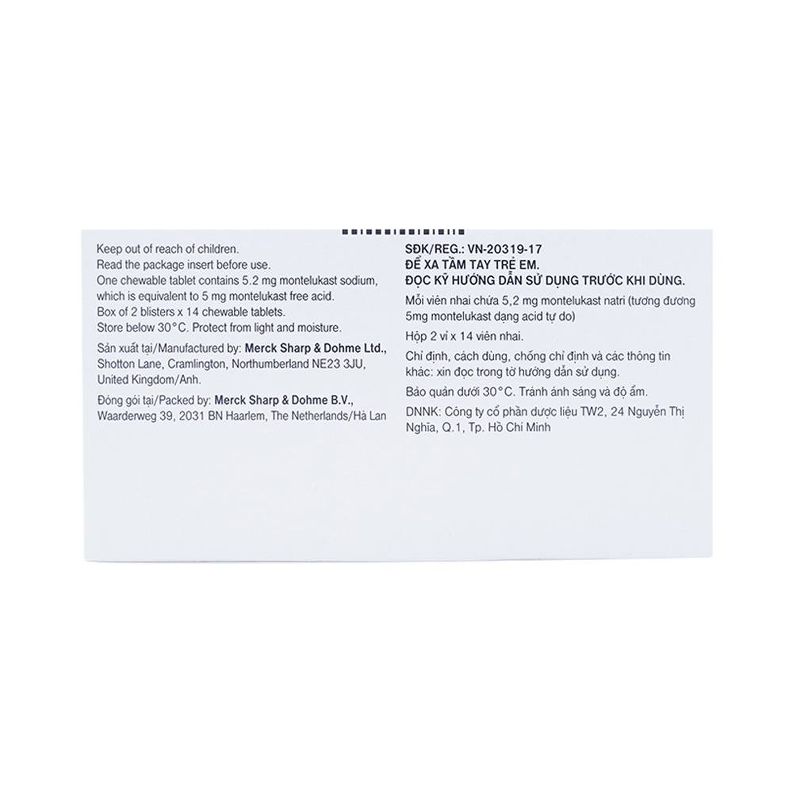 Viên nhai Singulair 5mg MSD điều trị hen phế quản mạn tính (2 vỉ x 14 viên) 