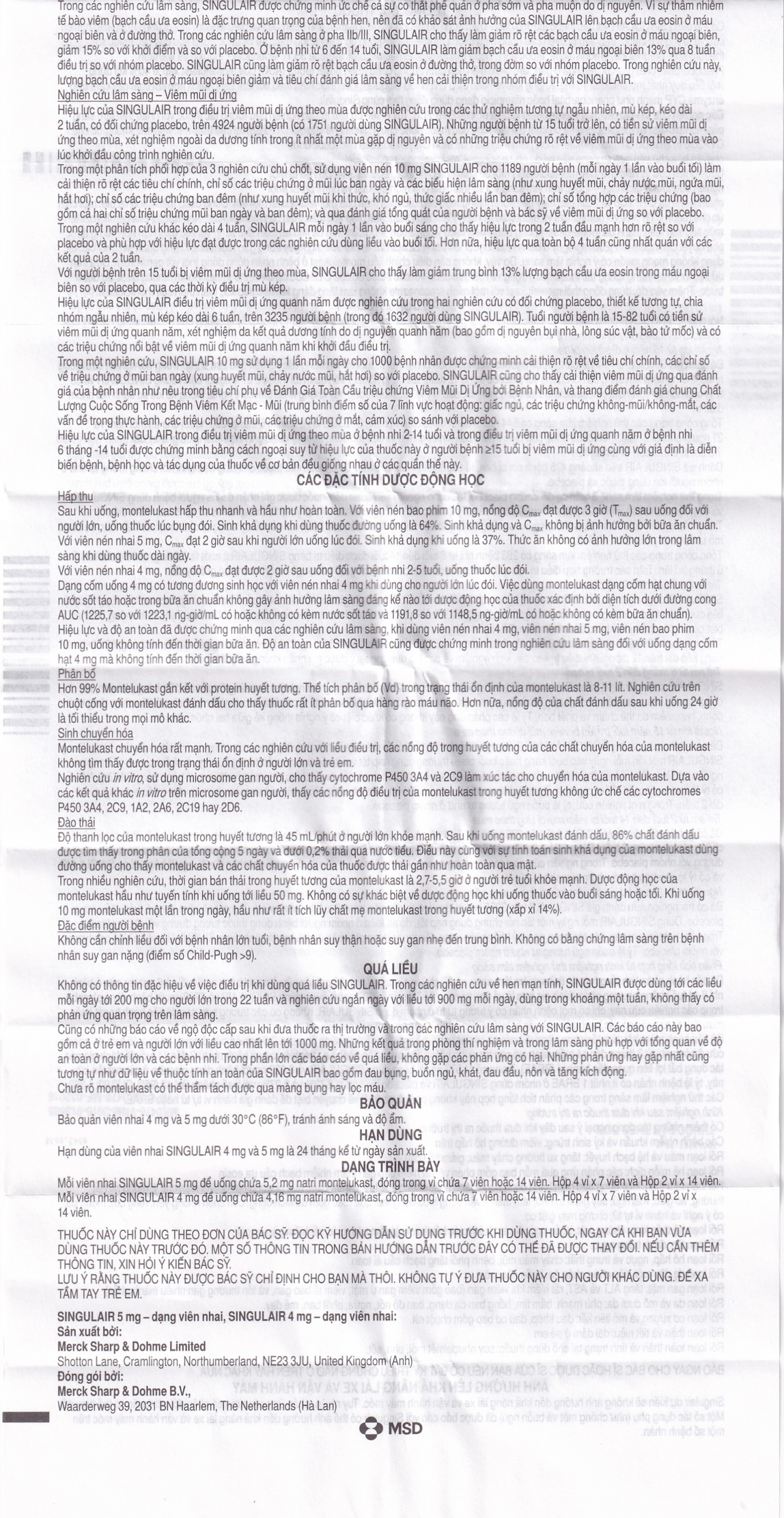 Viên nhai Singulair 5mg MSD điều trị hen phế quản mạn tính (2 vỉ x 14 viên) 