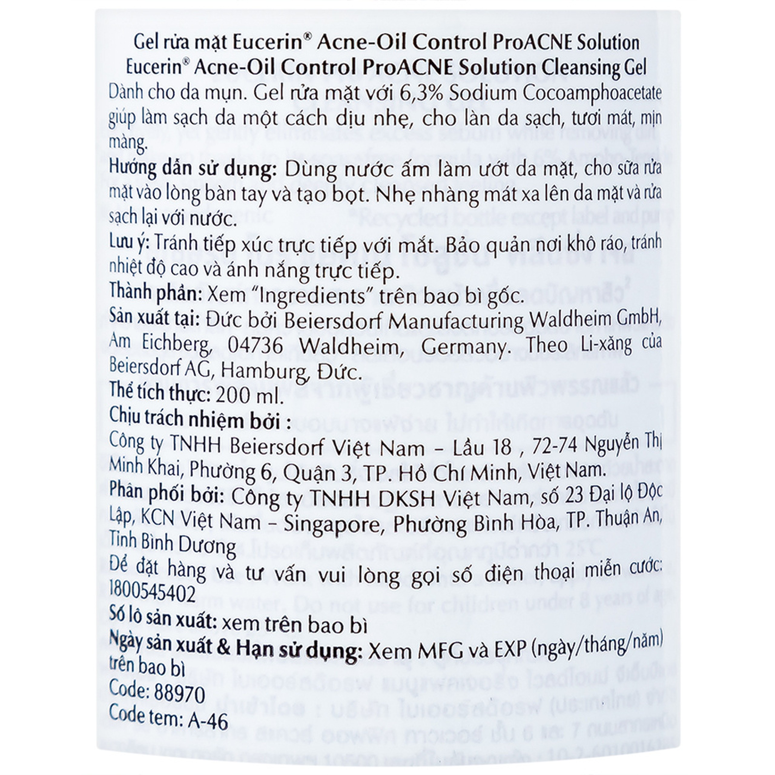 Gel rửa mặt Eucerin Pro Acne Cleansing Gel 88970 dành cho da nhờn, mụn (200ml)