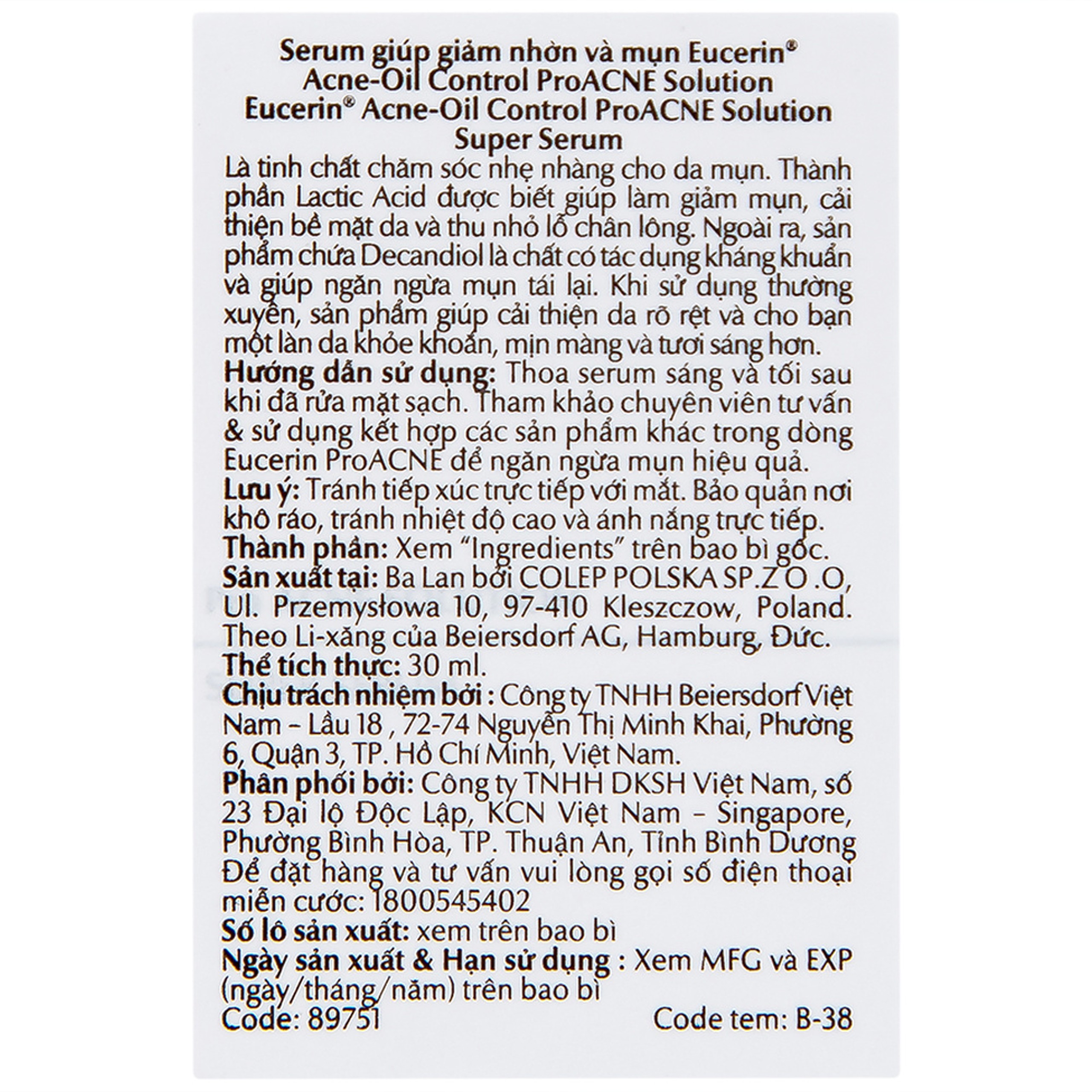 Serum Eucerin Pro Acne Solution Super giảm nhờn mụn (30ml)