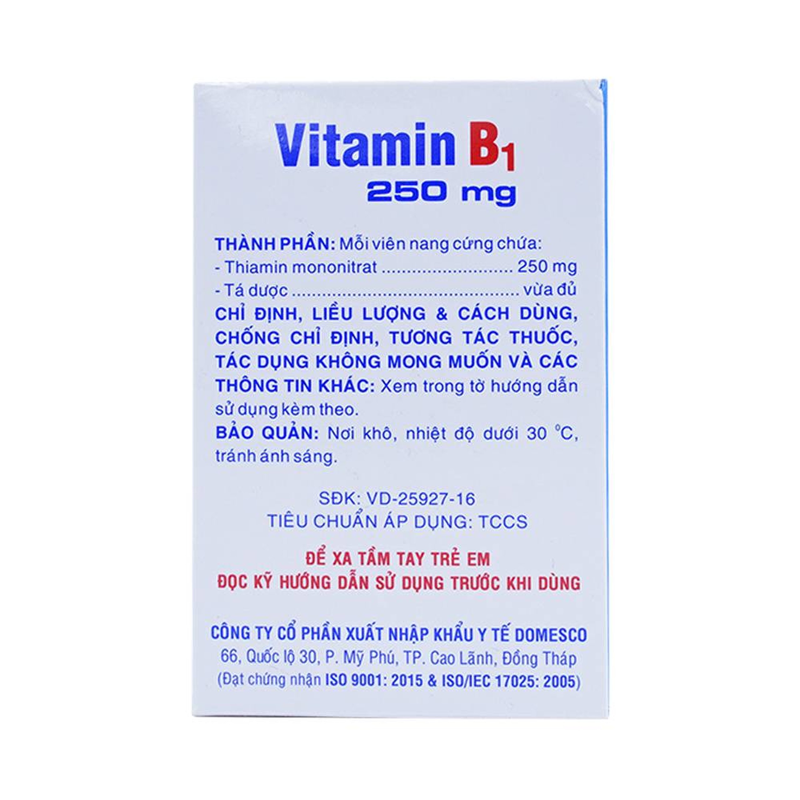 Thuốc Vitamin B1 250mg Domesco điều trị bệnh do thiếu Vitamin B1 (20 vỉ x 10 viên)