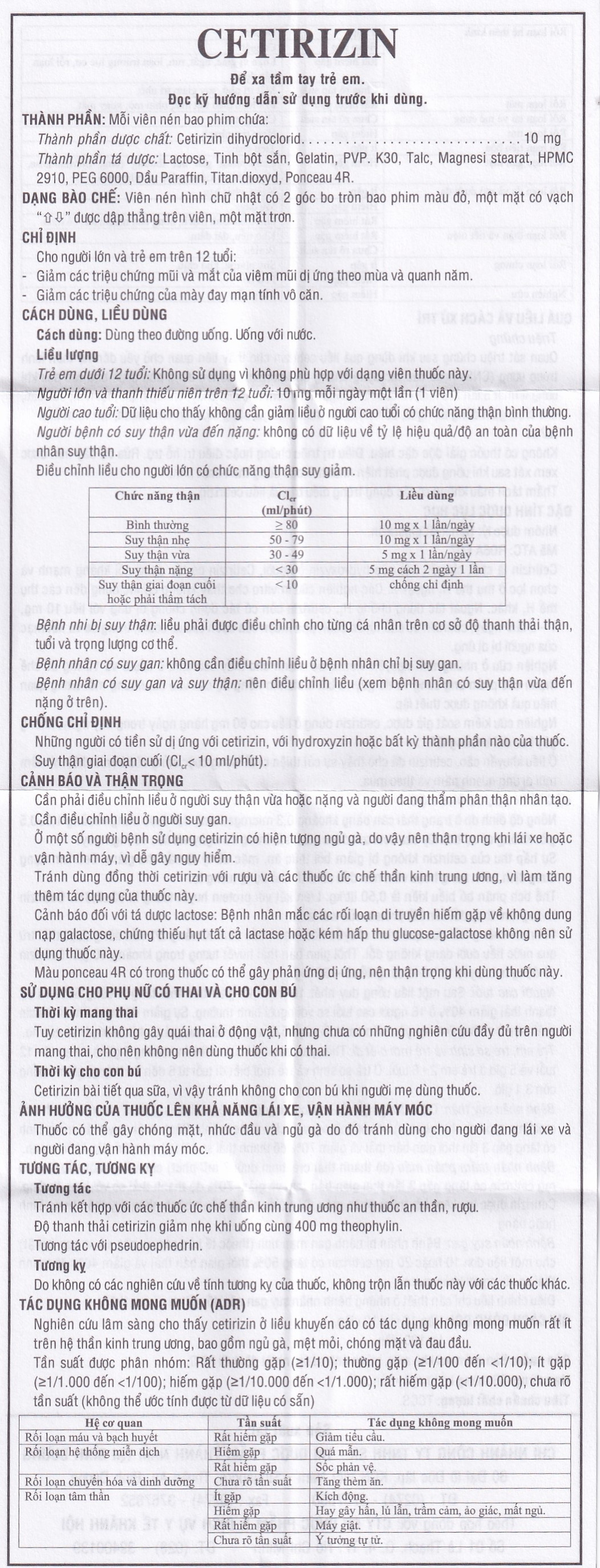 Thuốc Cetirizin 10mg Thành Nam điều trị viêm mũi dị ứng, mày đay (10 vỉ x 10 viên)