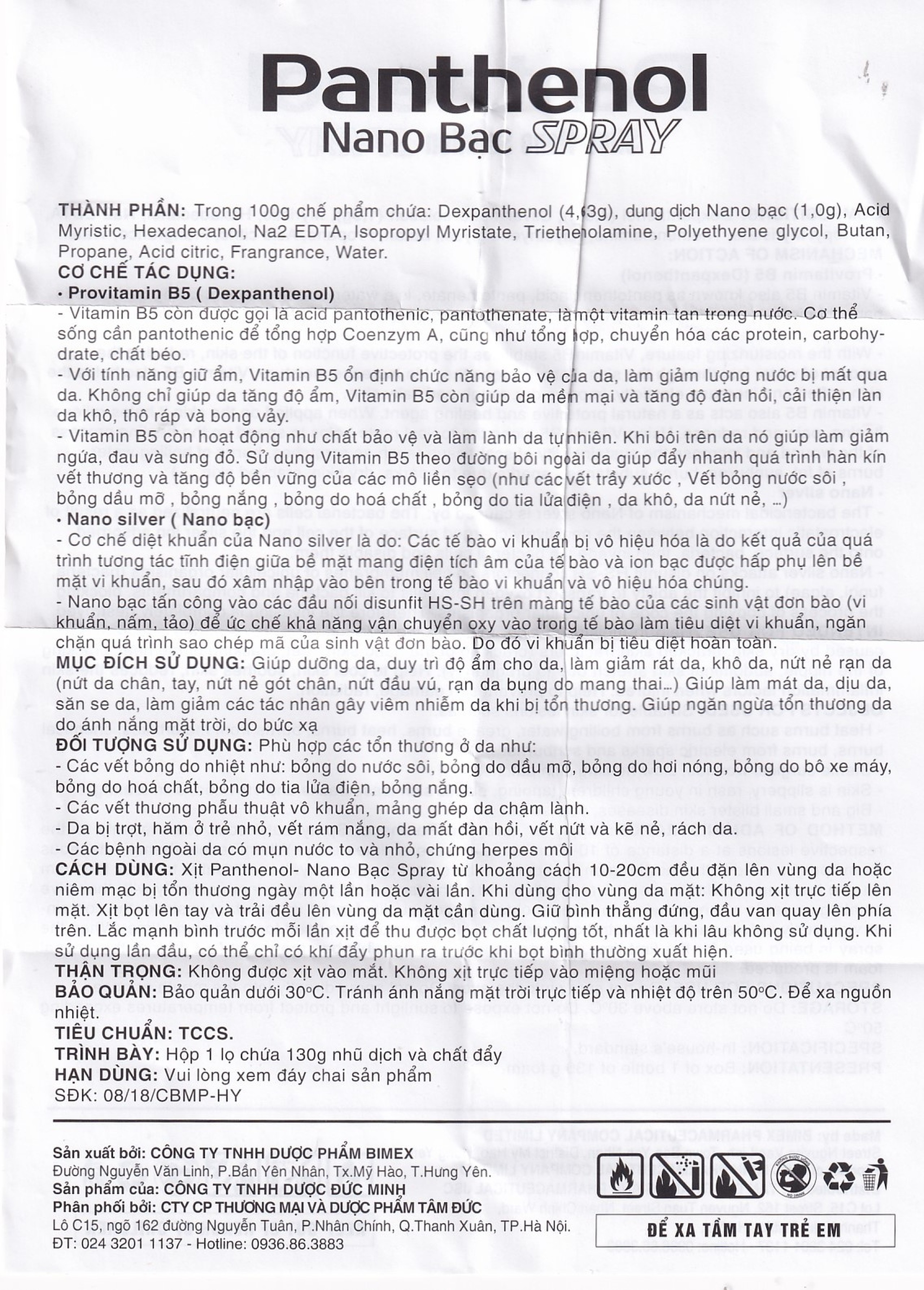 Xịt dưỡng da khô, nứt nẻ Panthenol Nano Bạc Bimex 130g