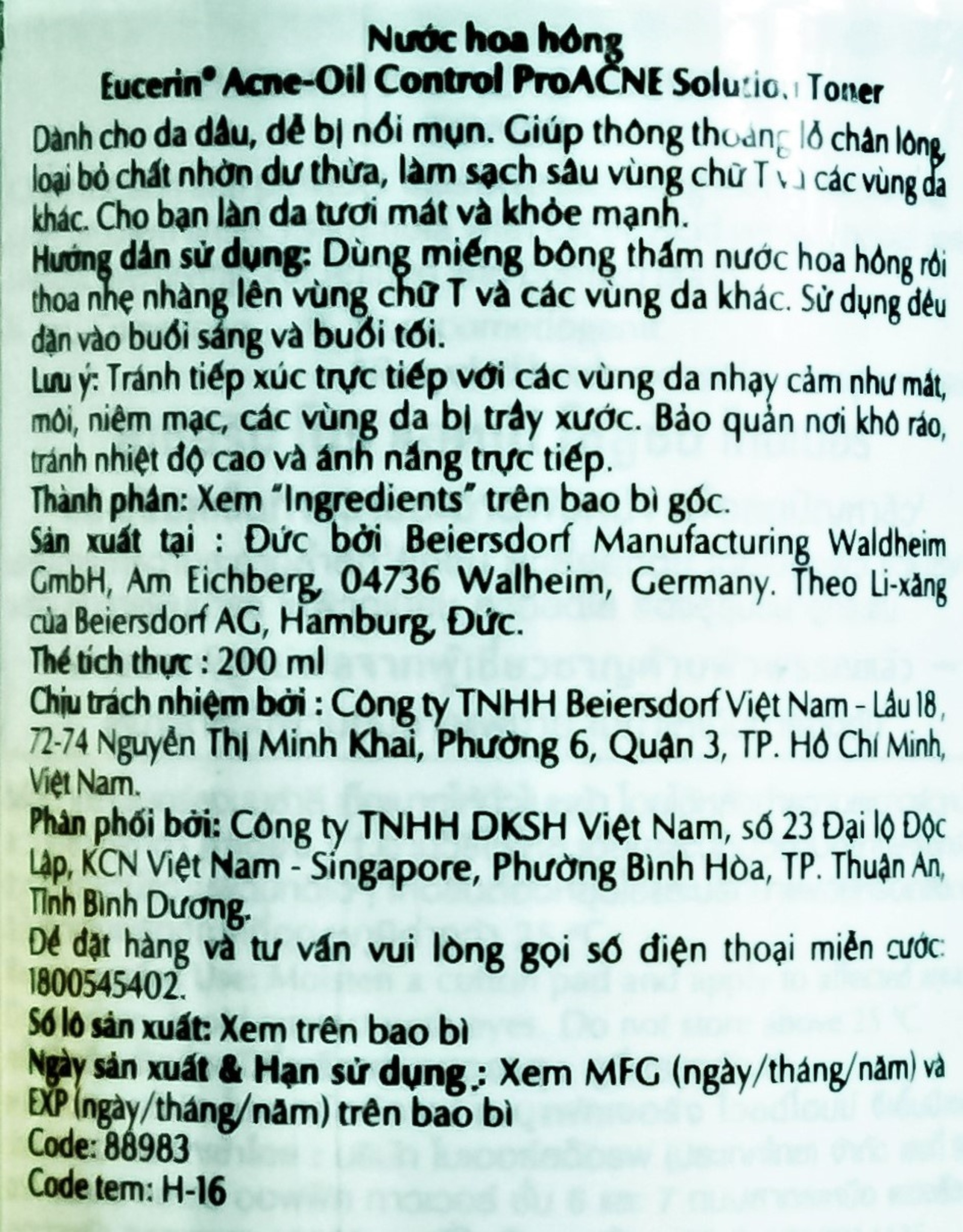 Nước hoa hồng Eucerin Acne-Oil Control ProAcne Solution Toner dành cho da mụn, da dầu (200ml)