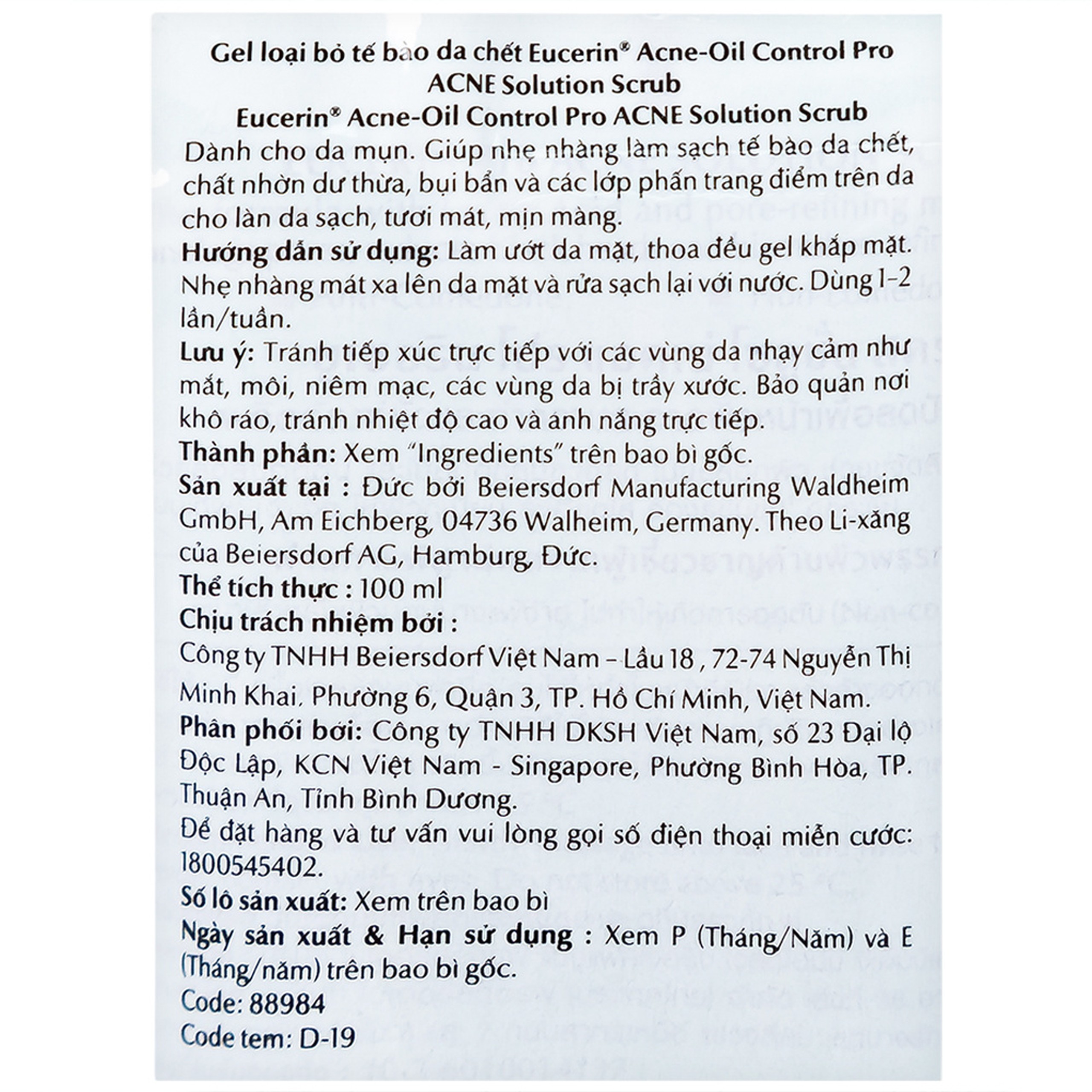 Gel tẩy tế bào chết Eucerin Acne-Oil Control Pro Acne Solution Scrub dành cho da mụn (100ml)