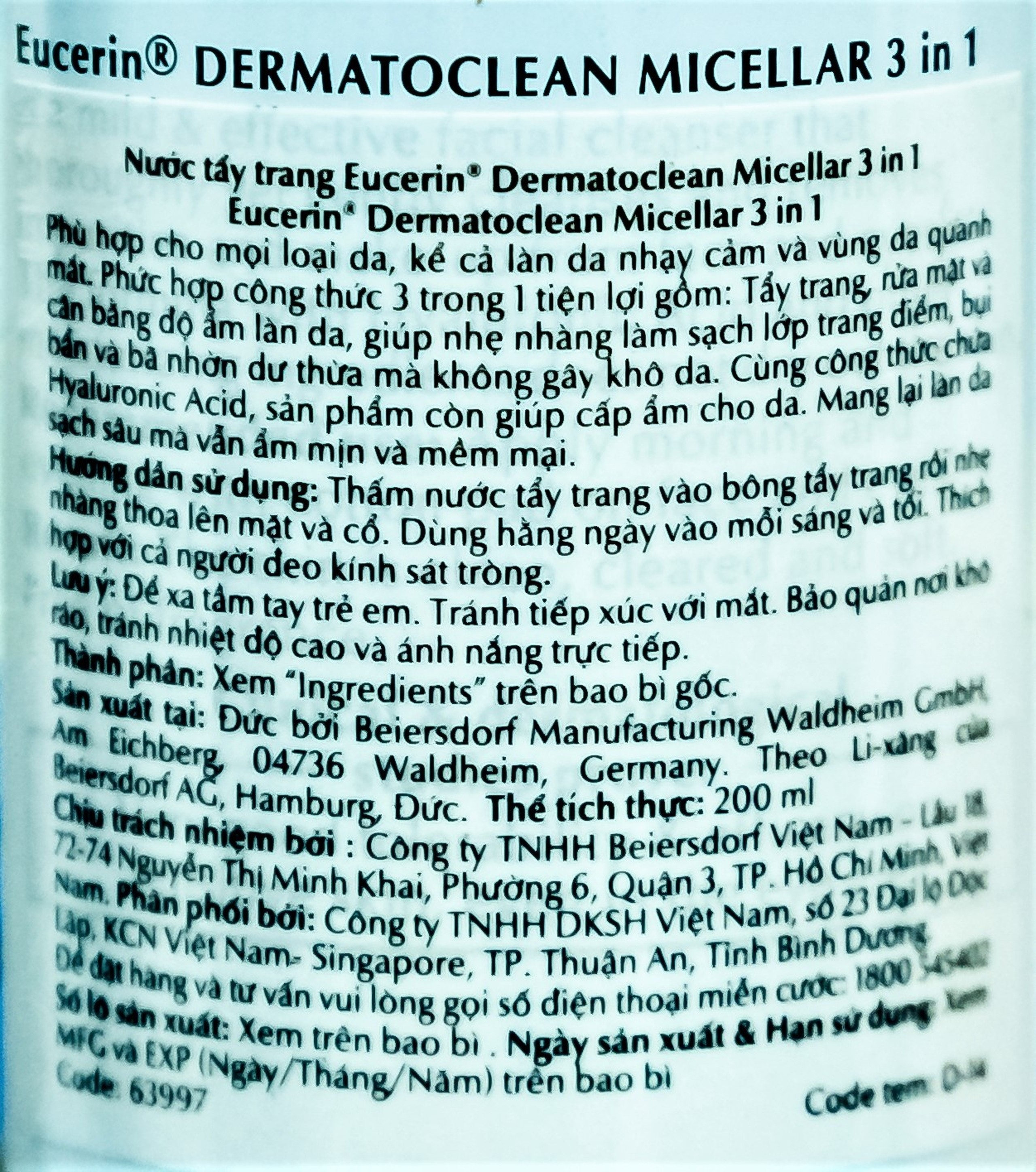 Nước tẩy trang Eucerin DermatoClean Micellar 3 IN 1 dành cho mọi loại da (200ml)