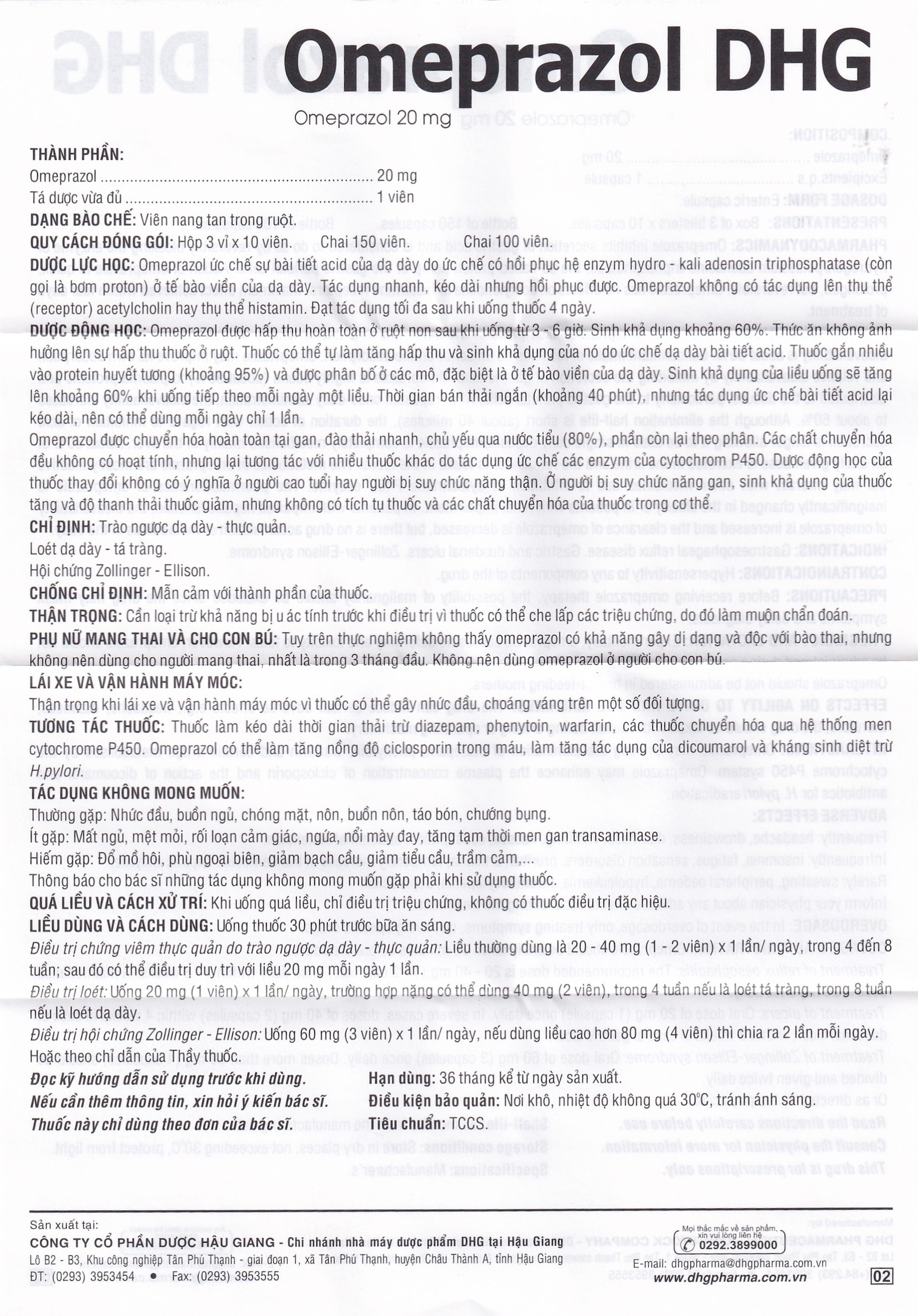Viên nang Omeprazol DHG 20mg điều trị trào ngược dạ dày - thực quản (3 vỉ x 10 viên)