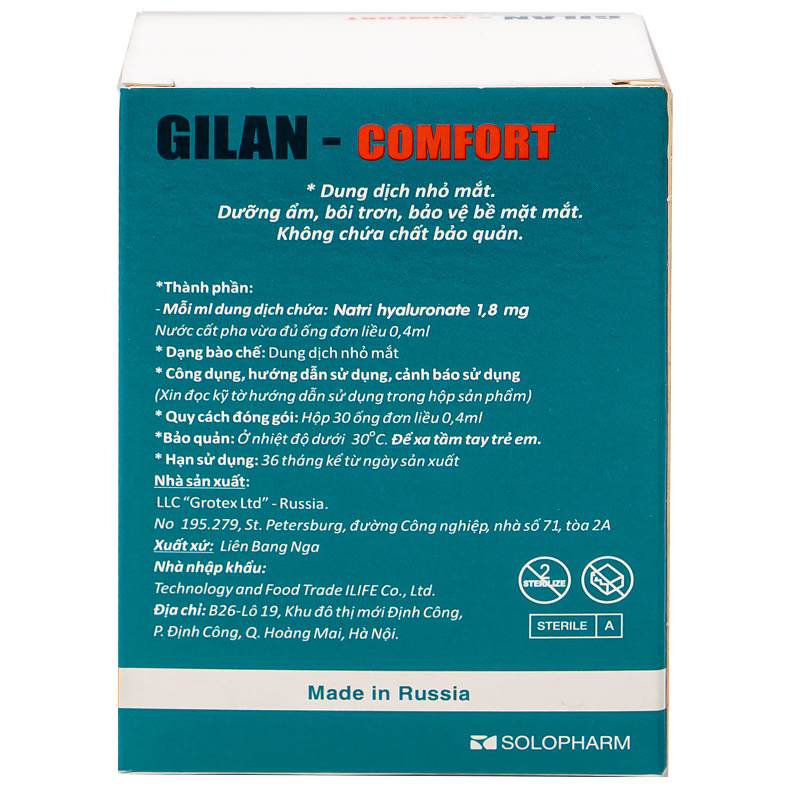 Nhỏ mắt Gilan Comfort dùng cho mắt khô, hội chứng stevens johnson (30 ống x 0.4ml)