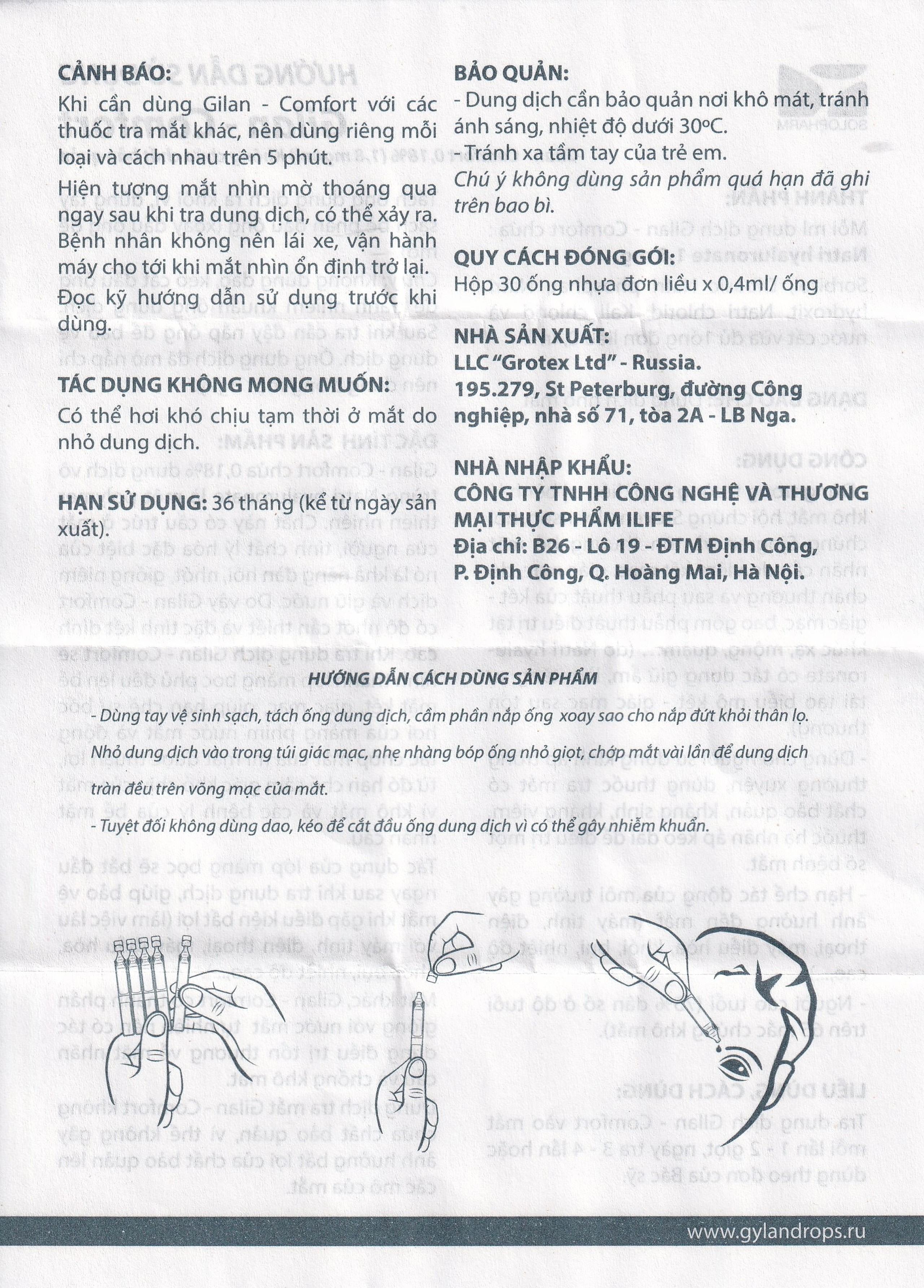 Nhỏ mắt Gilan Comfort dùng cho mắt khô, hội chứng stevens johnson (30 ống x 0.4ml)