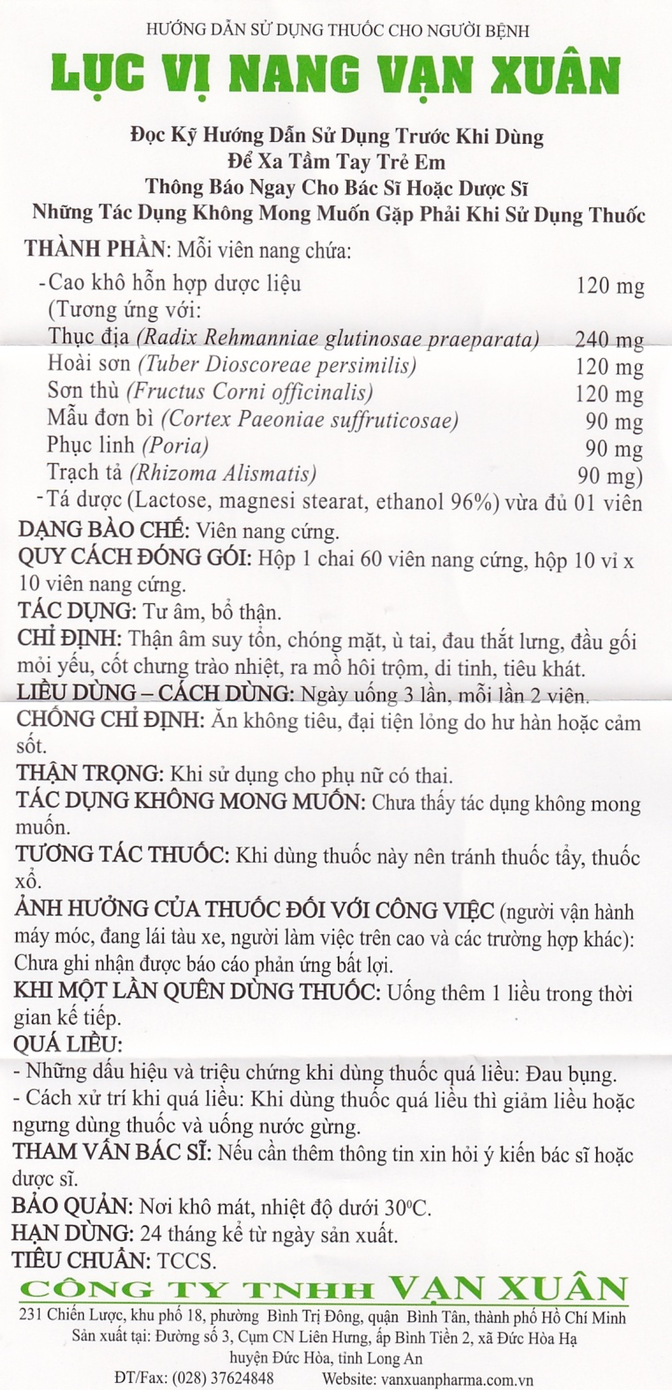 Thuốc Lục Vị Nang Vạn Xuân thận âm suy tổn, chóng mặt, ù tai (10 vỉ x 10 viên)