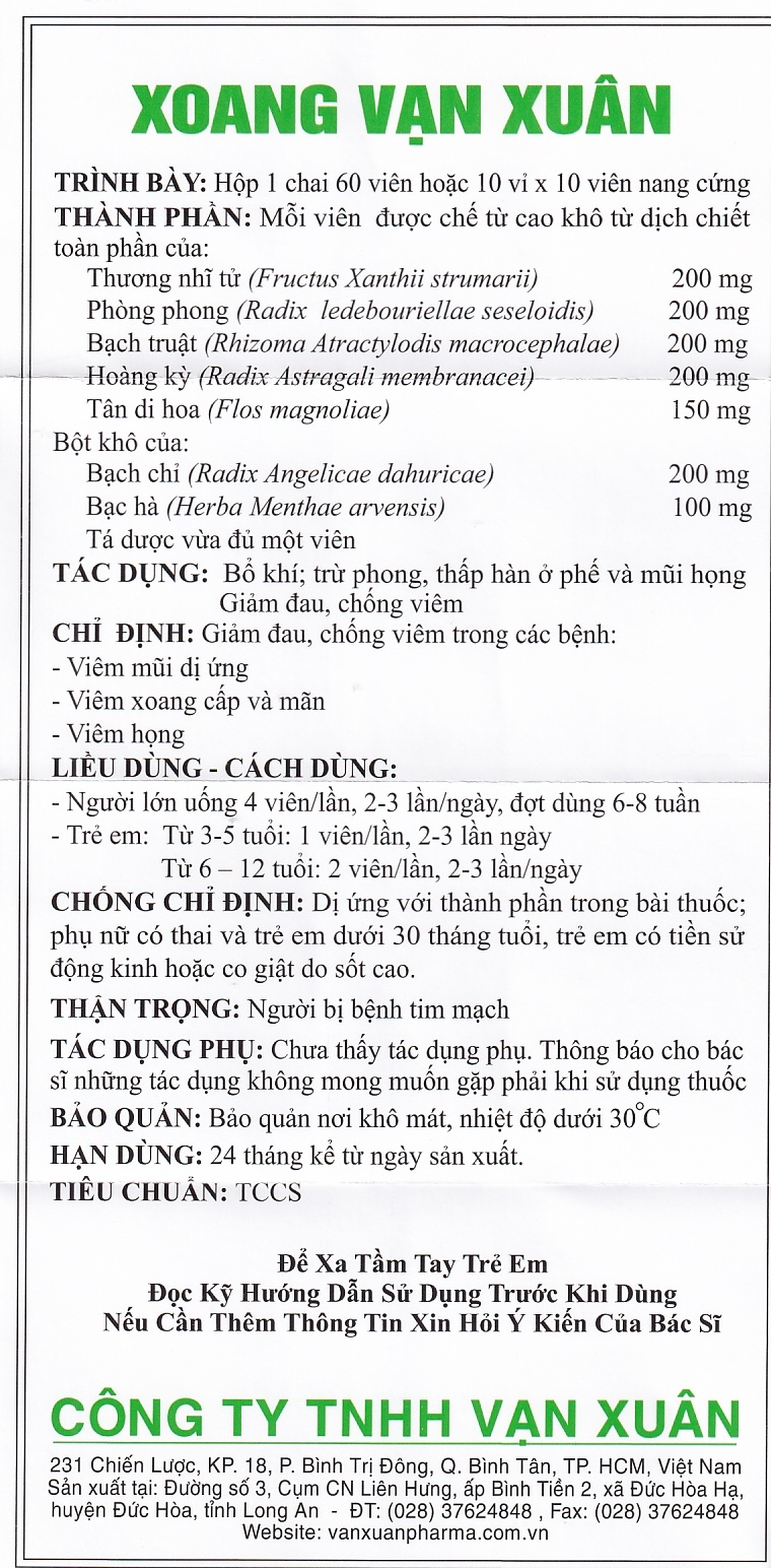 Thuốc Xoang Vạn Xuân giảm đau, chống viêm mũi dị ứng, viêm xoang (10 vỉ x 10 viên)