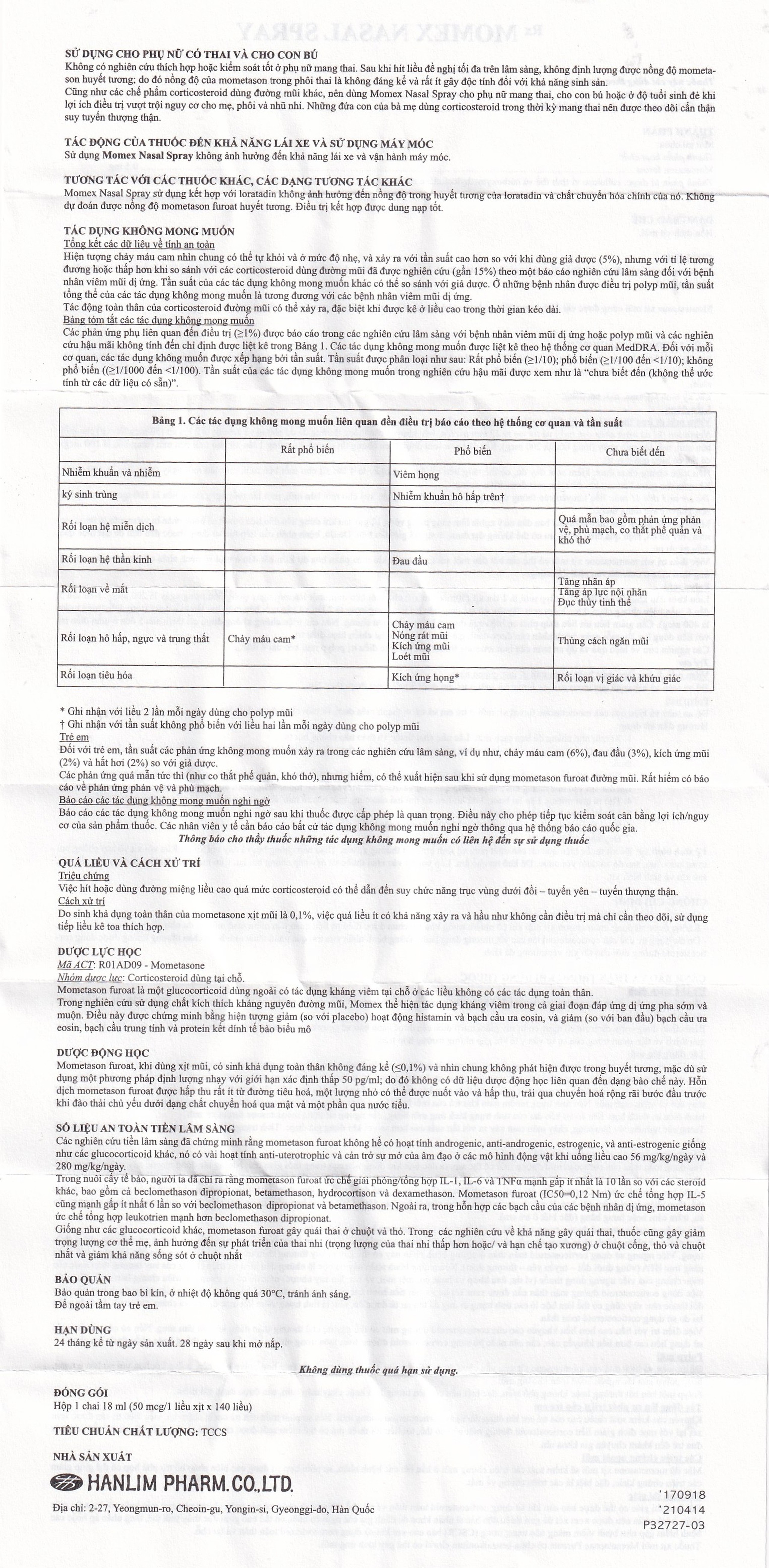 Hỗn dịch xịt mũi Momex Nasal Spray Hanlim điều trị viêm mũi theo mùa (18ml)