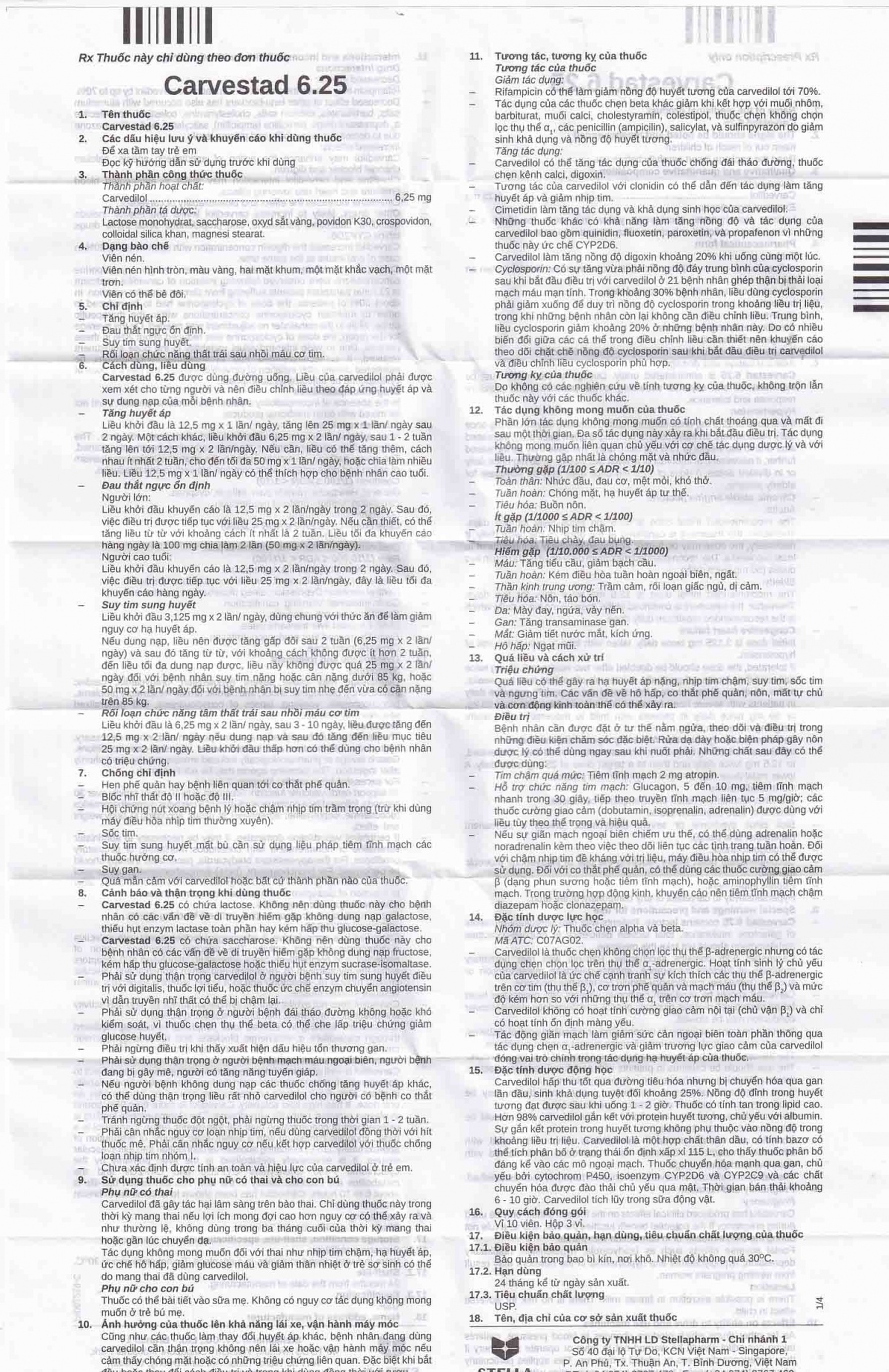 Thuốc Carvestad 6.25 Stella điều trị tăng huyết áp, đau thắt ngực (3 vỉ x 10 viên)