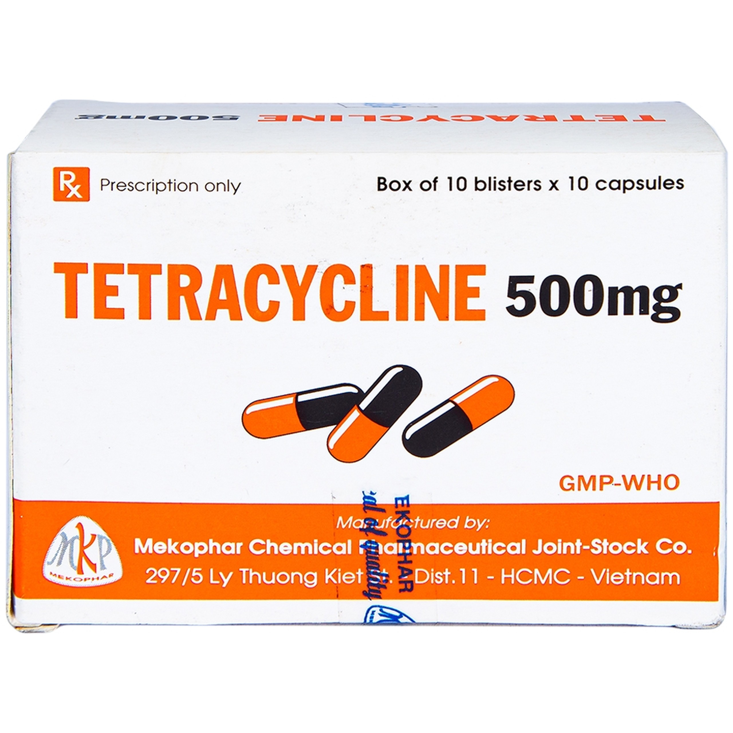 Thuốc Tetracycline 500mg Mekophar điều trị nhiễm khuẩn đường hô hấp, đường sinh dục (10 vỉ x 10 viên)