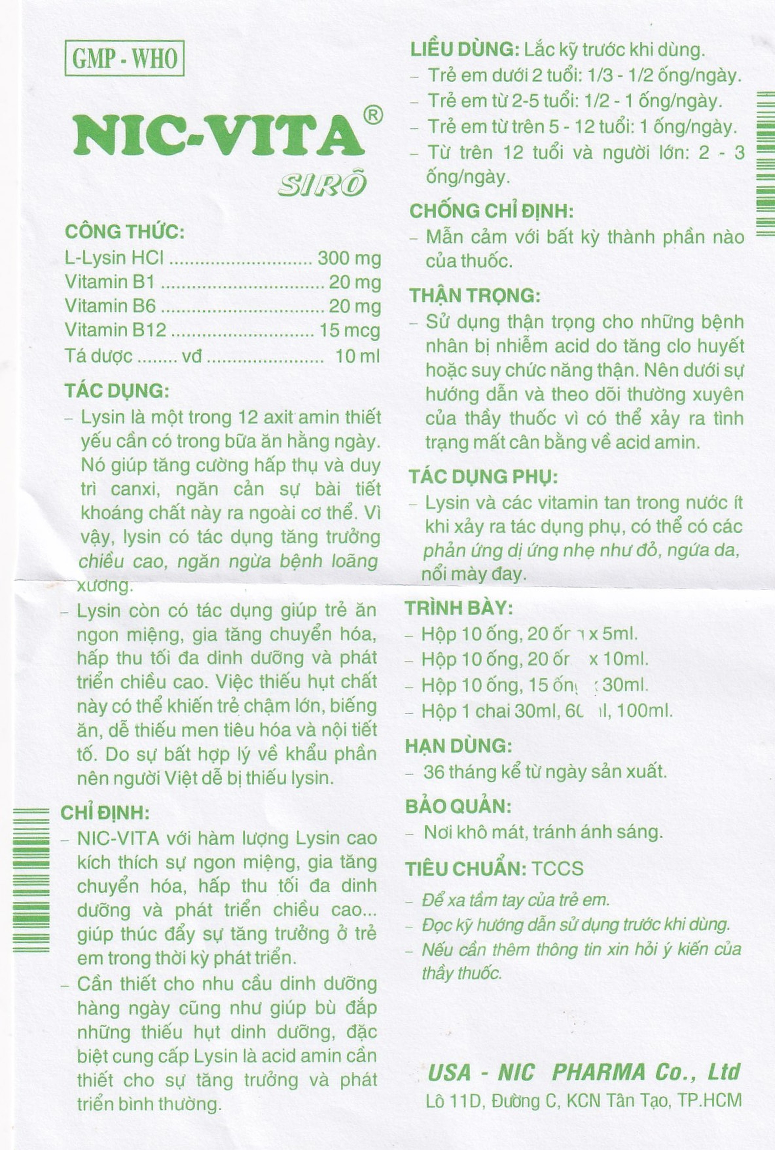 Siro Nic-Vita bổ sung dinh dưỡng, phát triển chiều cao ở trẻ em (20 ống x 10ml) 