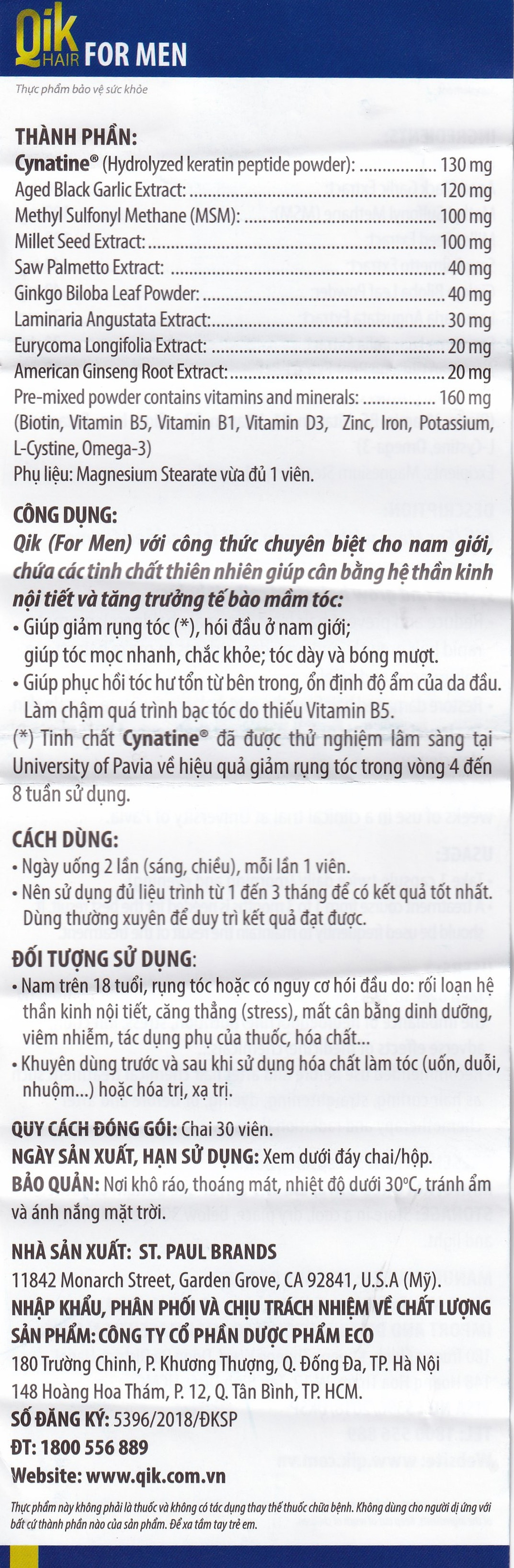 Viên uống Qik Hair For Men Ecogreen giúp giảm rụng tóc, hối đầu ở nam giới (30 viên)
