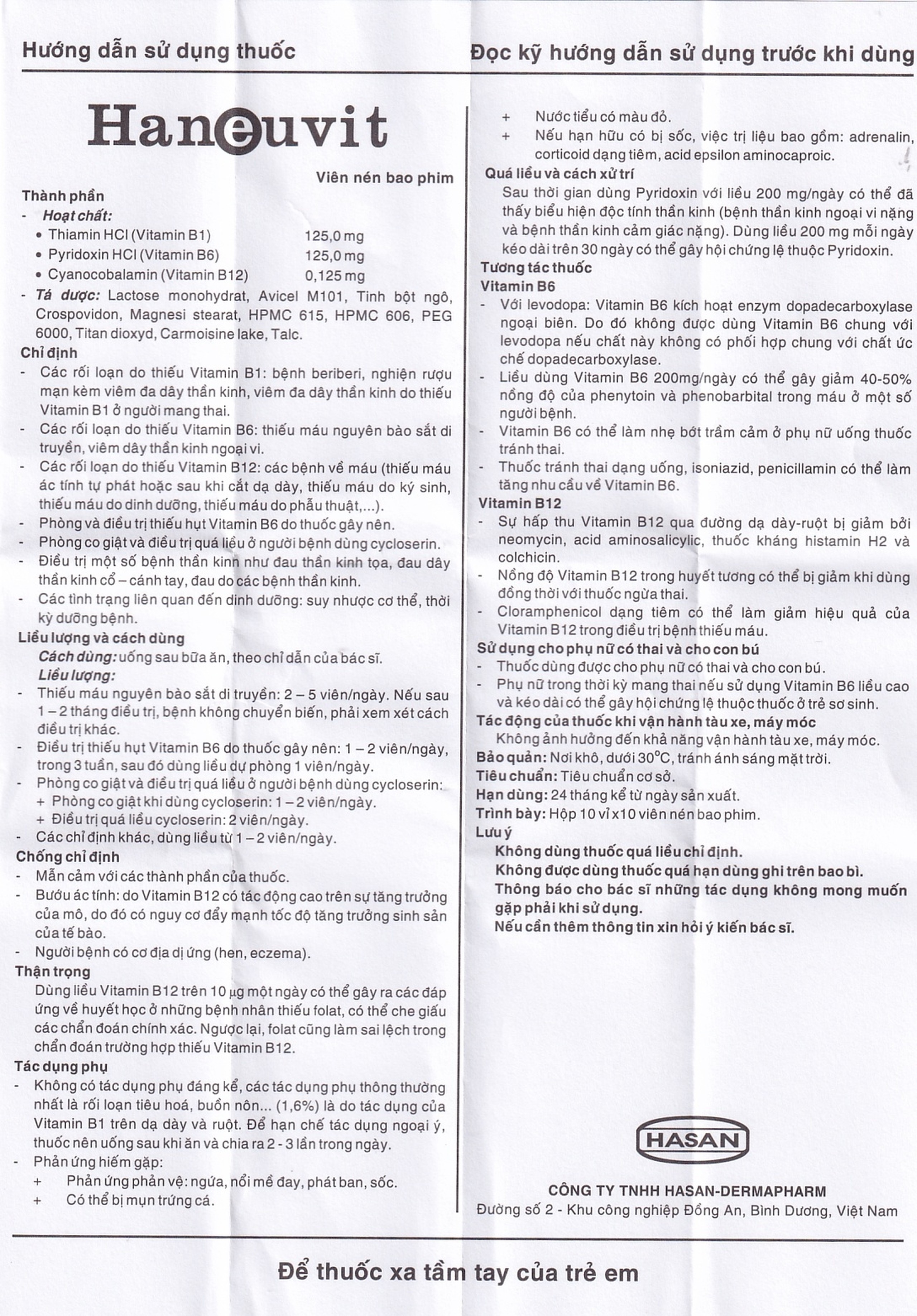 Thuốc Haneuvit Hasan điều trị rối loạn do thiếu vitamin B1, B6, B12 (10 vỉ x 10 viên)