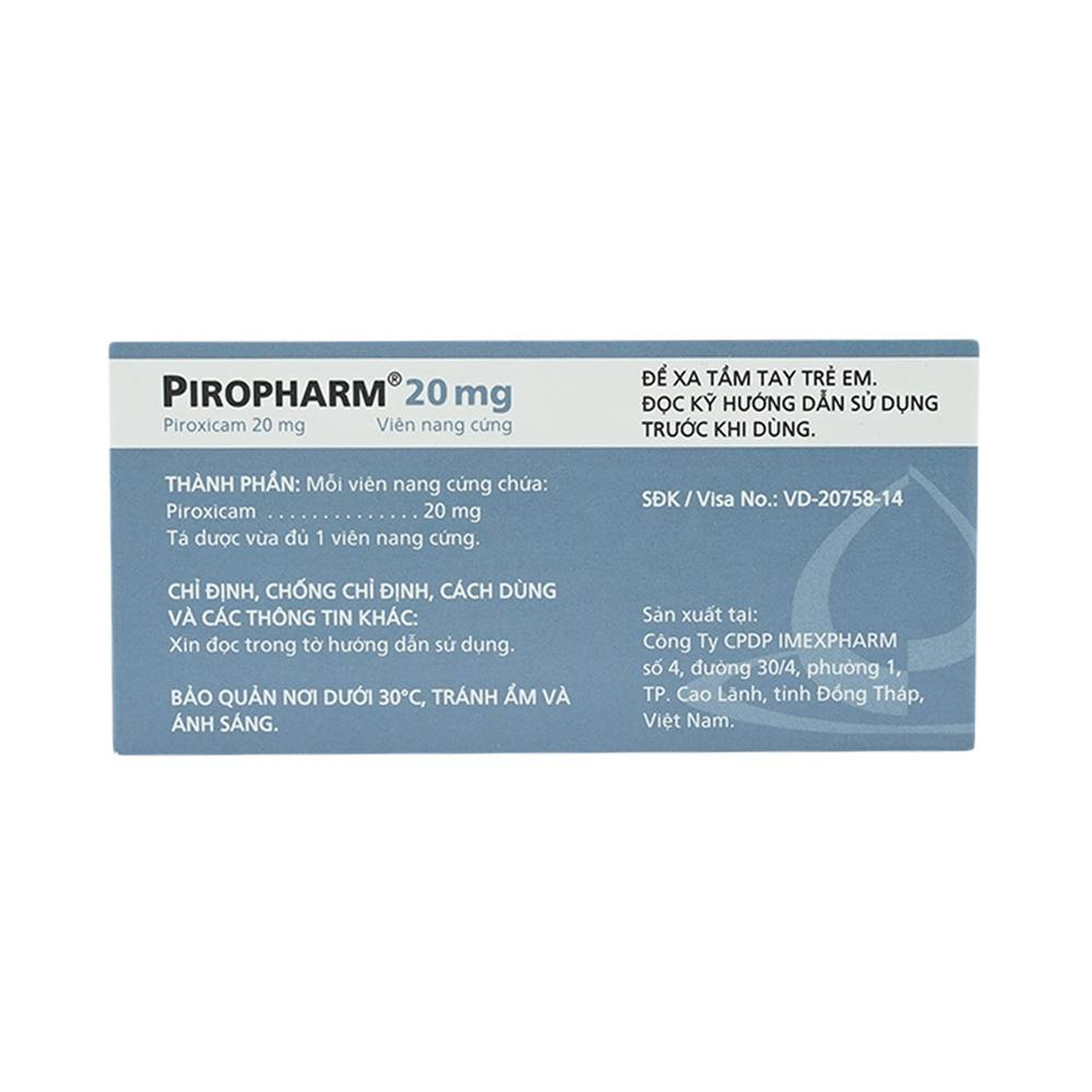 Thuốc Piropharm 20mg Imexpharm điều trị viêm khớp dạng thấp, viêm xương khớp (10 vỉ x 10 viên)