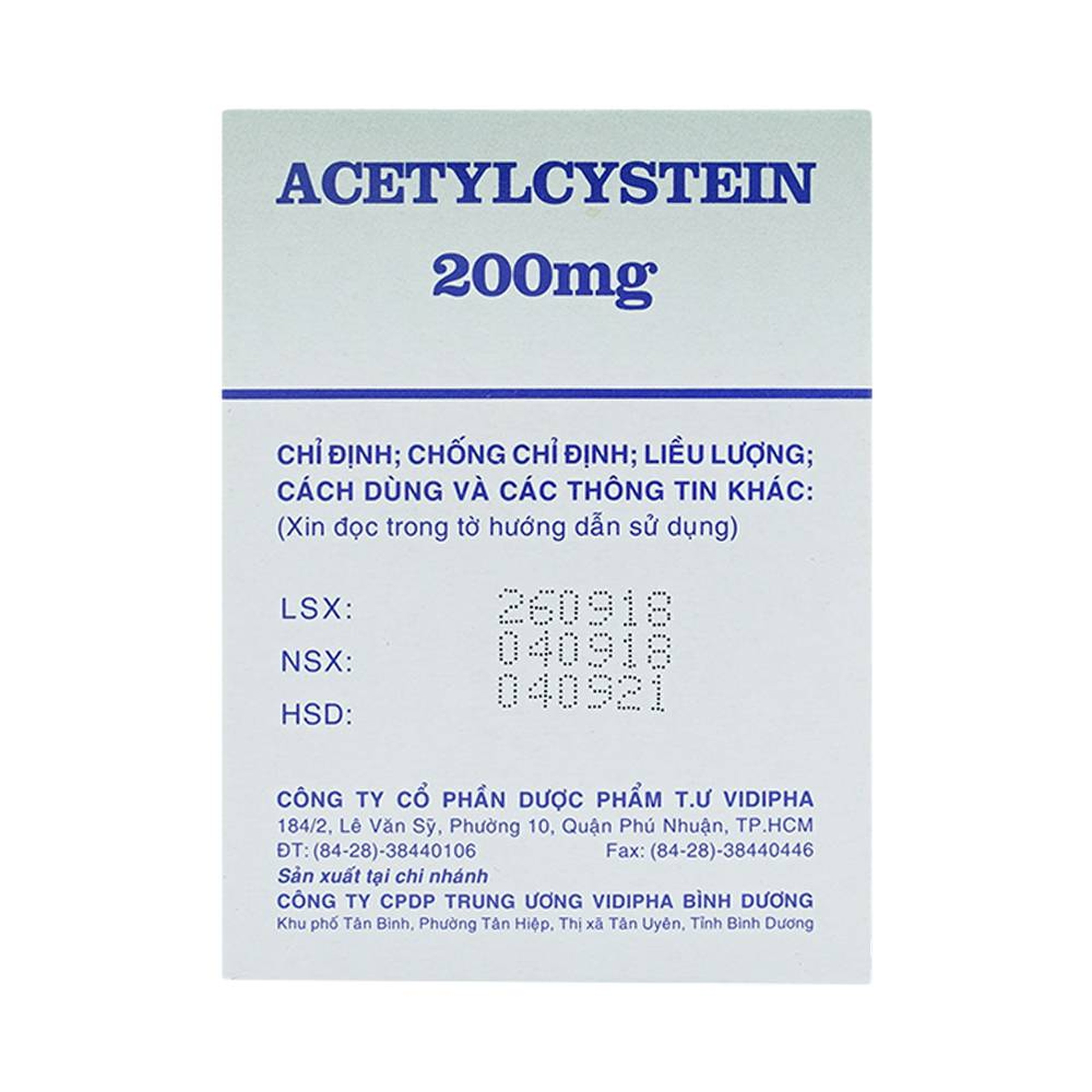 Thuốc Acetylcystein 200mg Vidipha tiêu nhầy trong bệnh viêm phế quản, bệnh nhầy nhớt (20 vỉ x 10 viên)