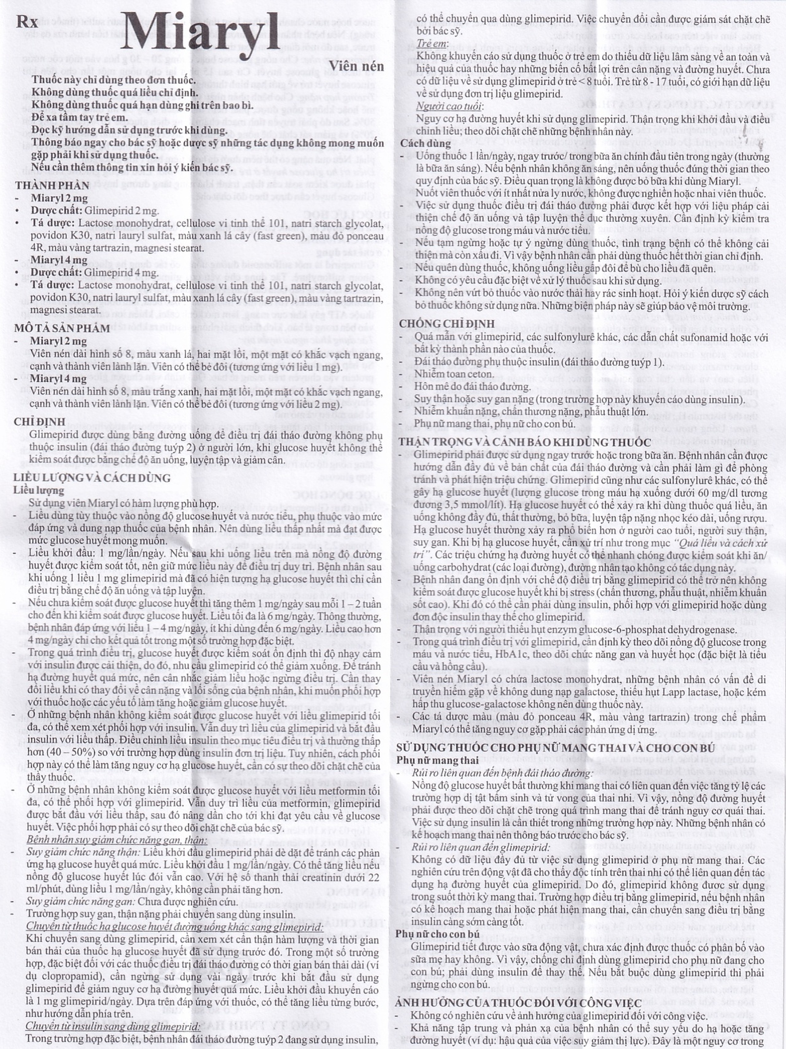 Viên nén Miaryl 2mg Hasan điều trị đái tháo đường típ 2 (10 vỉ x 10 viên)