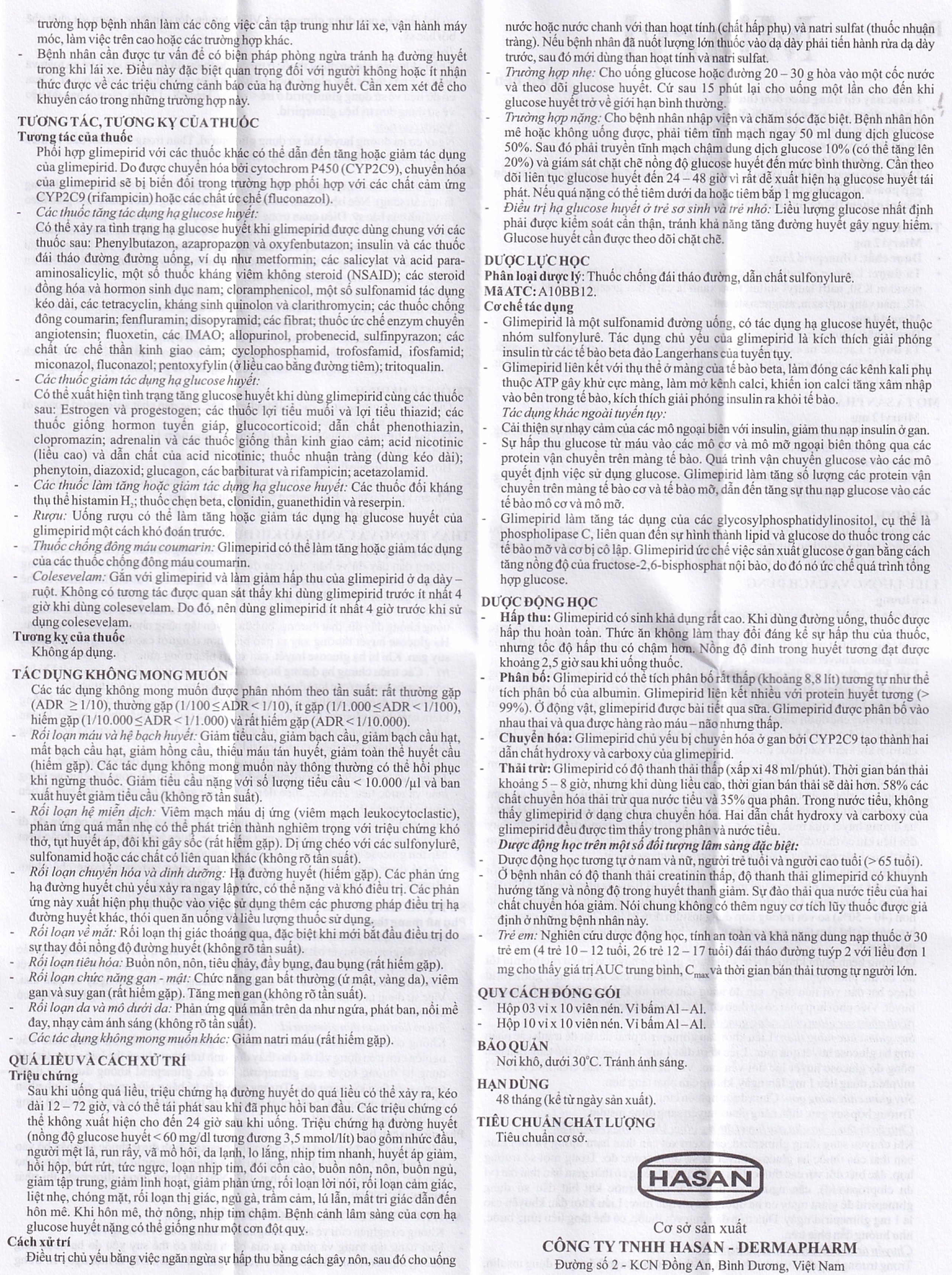 Viên nén Miaryl 2mg Hasan điều trị đái tháo đường típ 2 (10 vỉ x 10 viên)