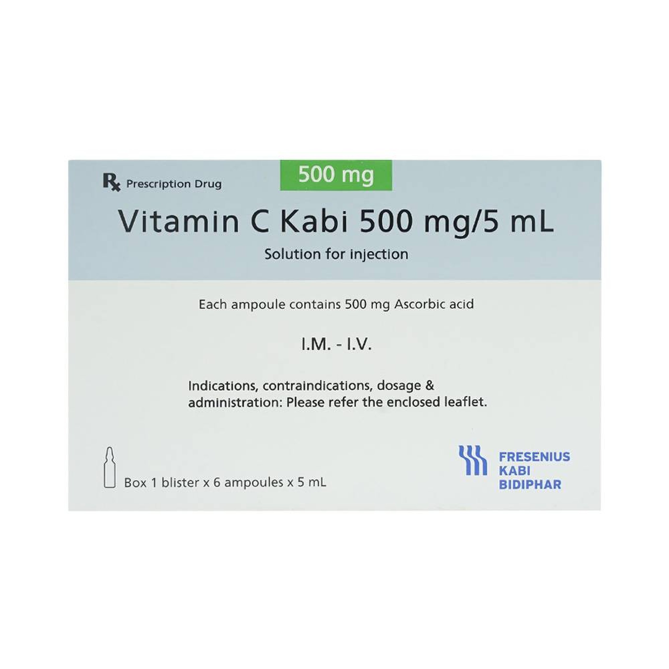 Thuốc tiêm Vitamin C Kabi 500mg/5ml phòng và điều trị bệnh Scorbut (1 vỉ x 6 ống )