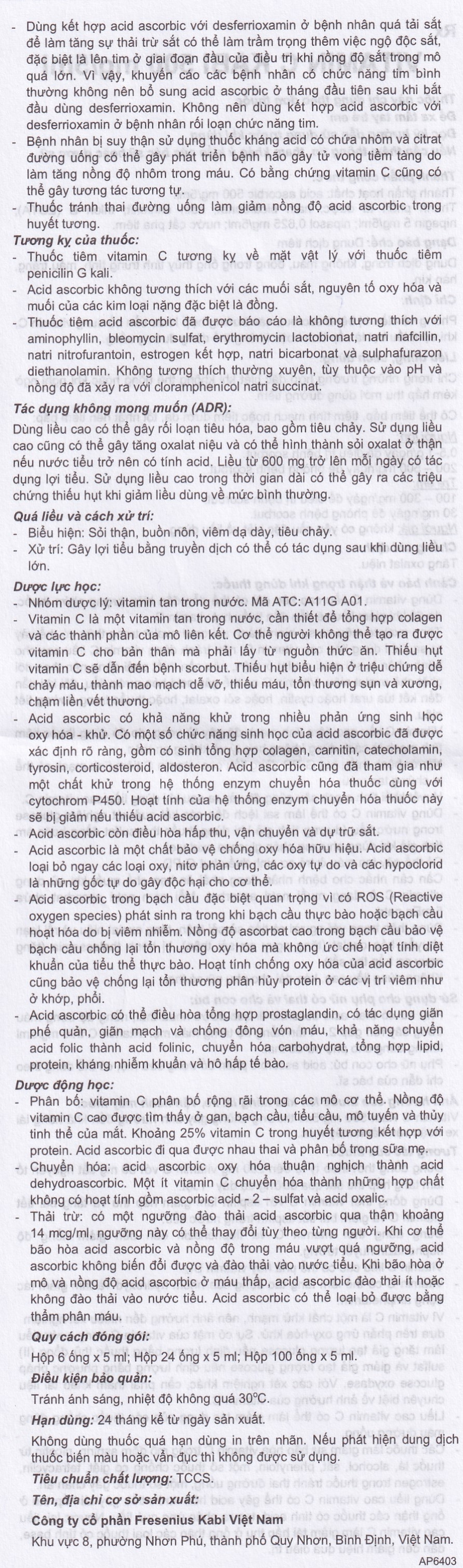 Thuốc tiêm Vitamin C Kabi 500mg/5ml phòng và điều trị bệnh Scorbut (1 vỉ x 6 ống )