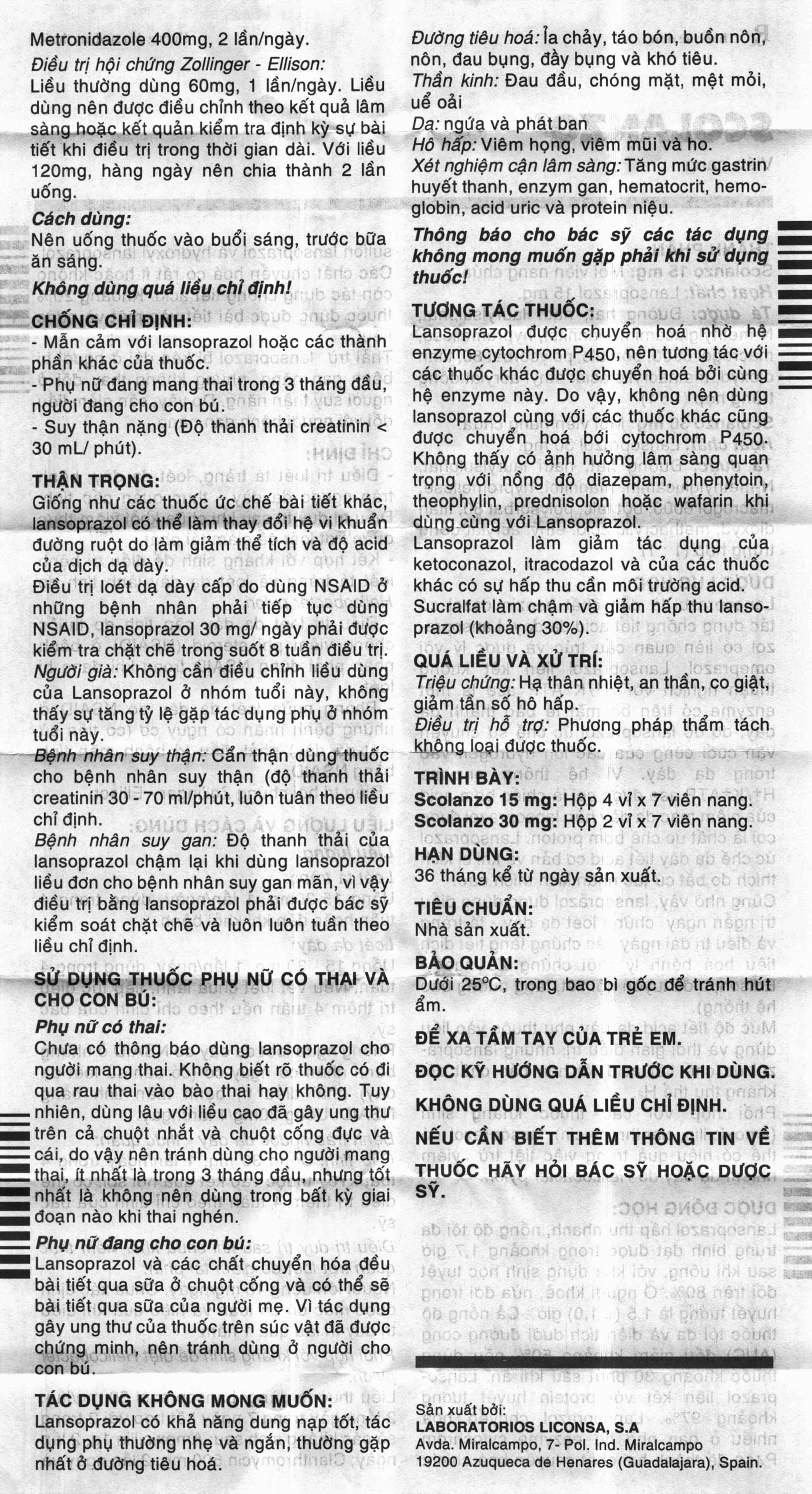 Thuốc Scolanzo 30mg Laboratorios Liconsa điều trị loét tá tràng, dạ dày (2 vỉ x 7 viên)
